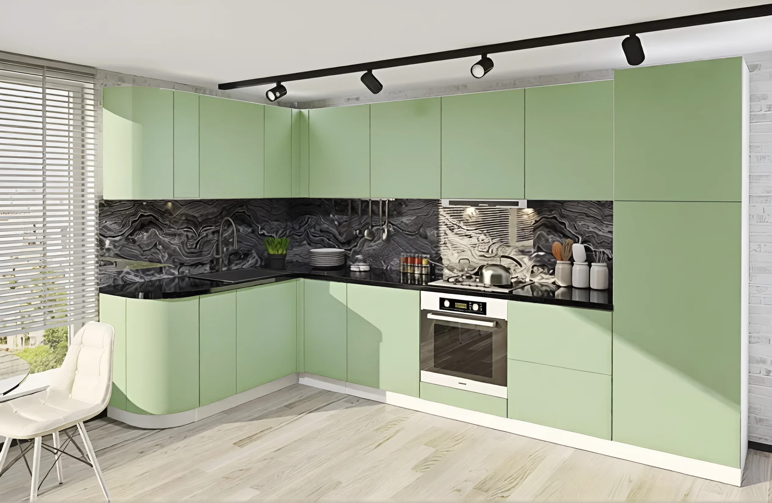 Современная П-образная кухня "Хай-тек" кремового цвета с окном, размеры 3300х2800мм. Стильный дизайн и функциональность для вашего дома.