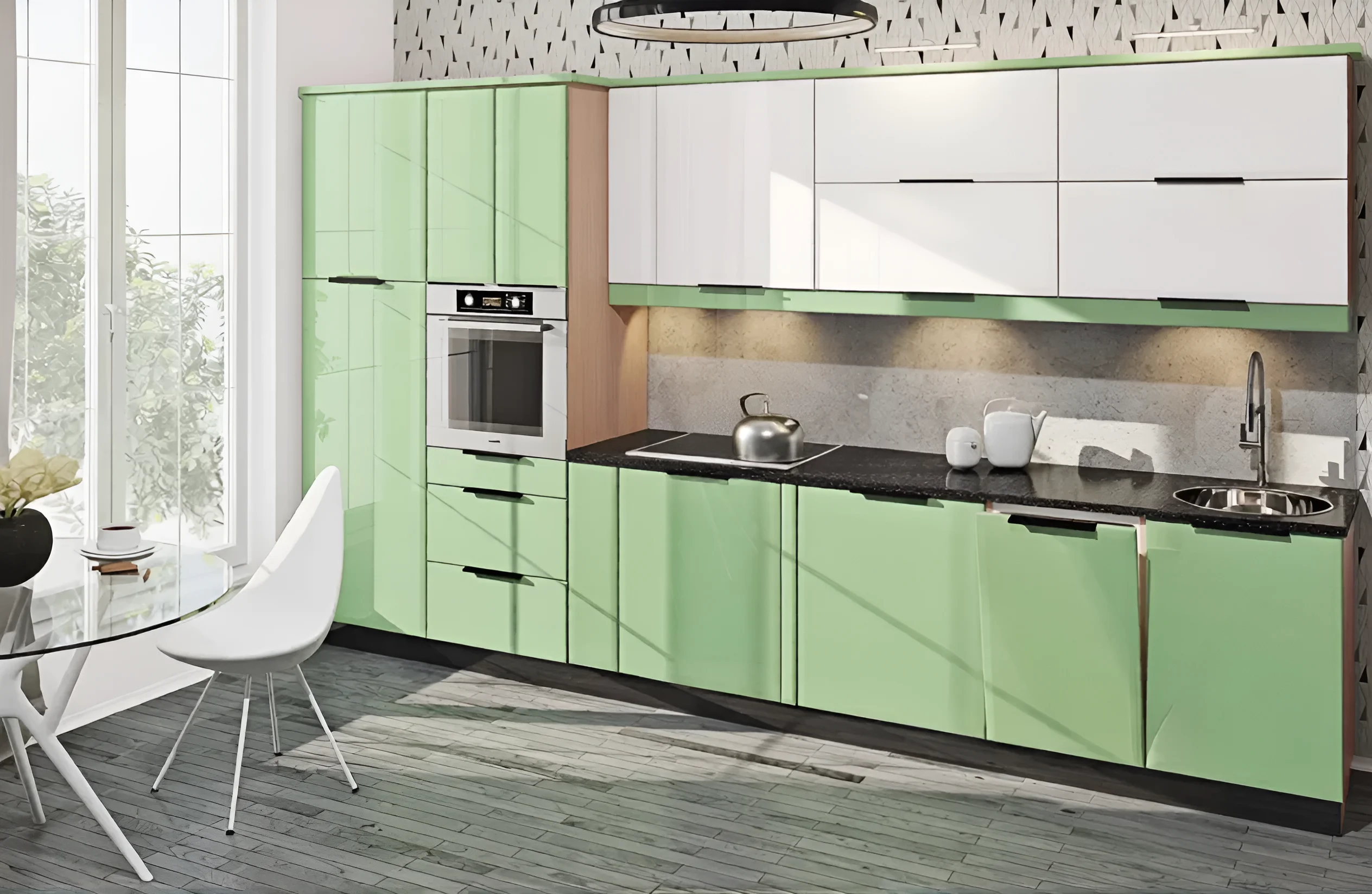 Кухня в стиле хай-тек кремового цвета, П-образная, размеры 3300х2800мм, с окном, современный дизайн, глянцевые фасады, черная столешница.