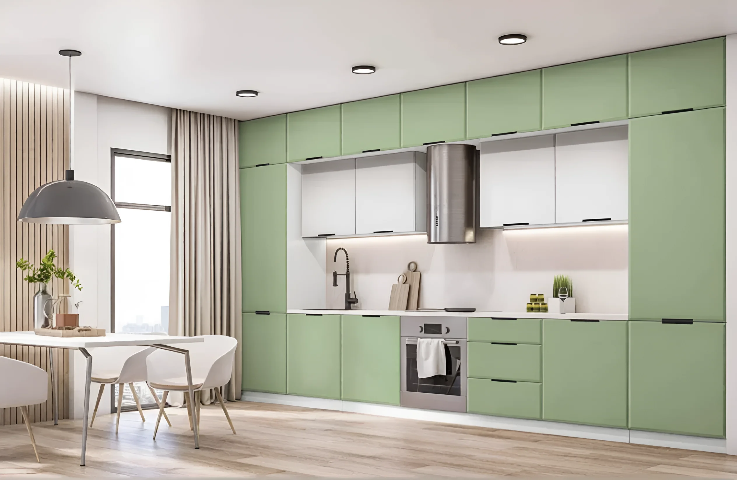 Современная кухня в стиле хай-тек кремового цвета с окном, П-образная планировка 3300х2800мм, фото интерьера кухни.