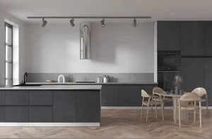 Угловая кухня с окном "Sigma ручка" 4х2,2м в белом и черном цвете, современный дизайн, фото интерьера кухни.