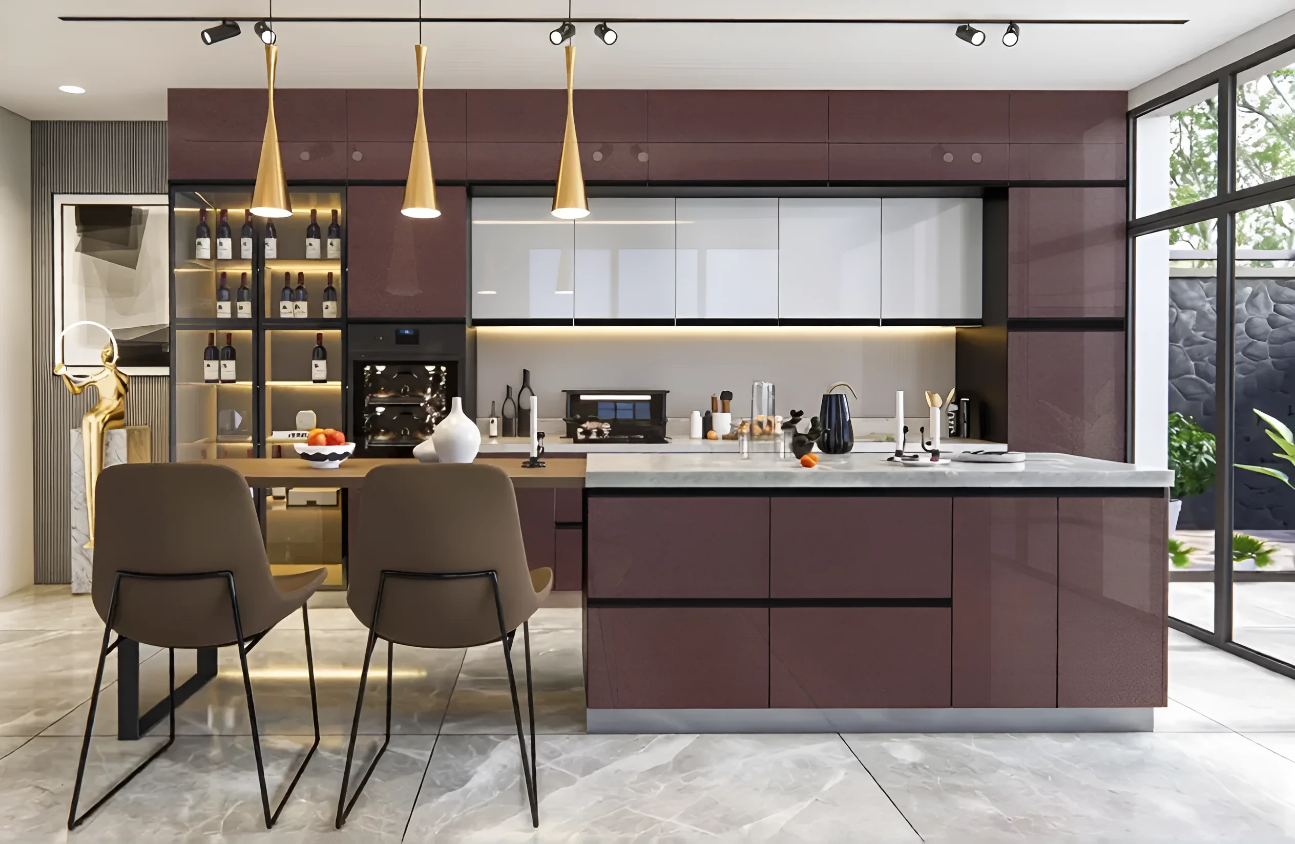 Угловая кухня с окном "Sigma ручка" 3.6х1.9м в цвете Капучино и Лате, современный дизайн, стильный интерьер кухни, MebelTops.