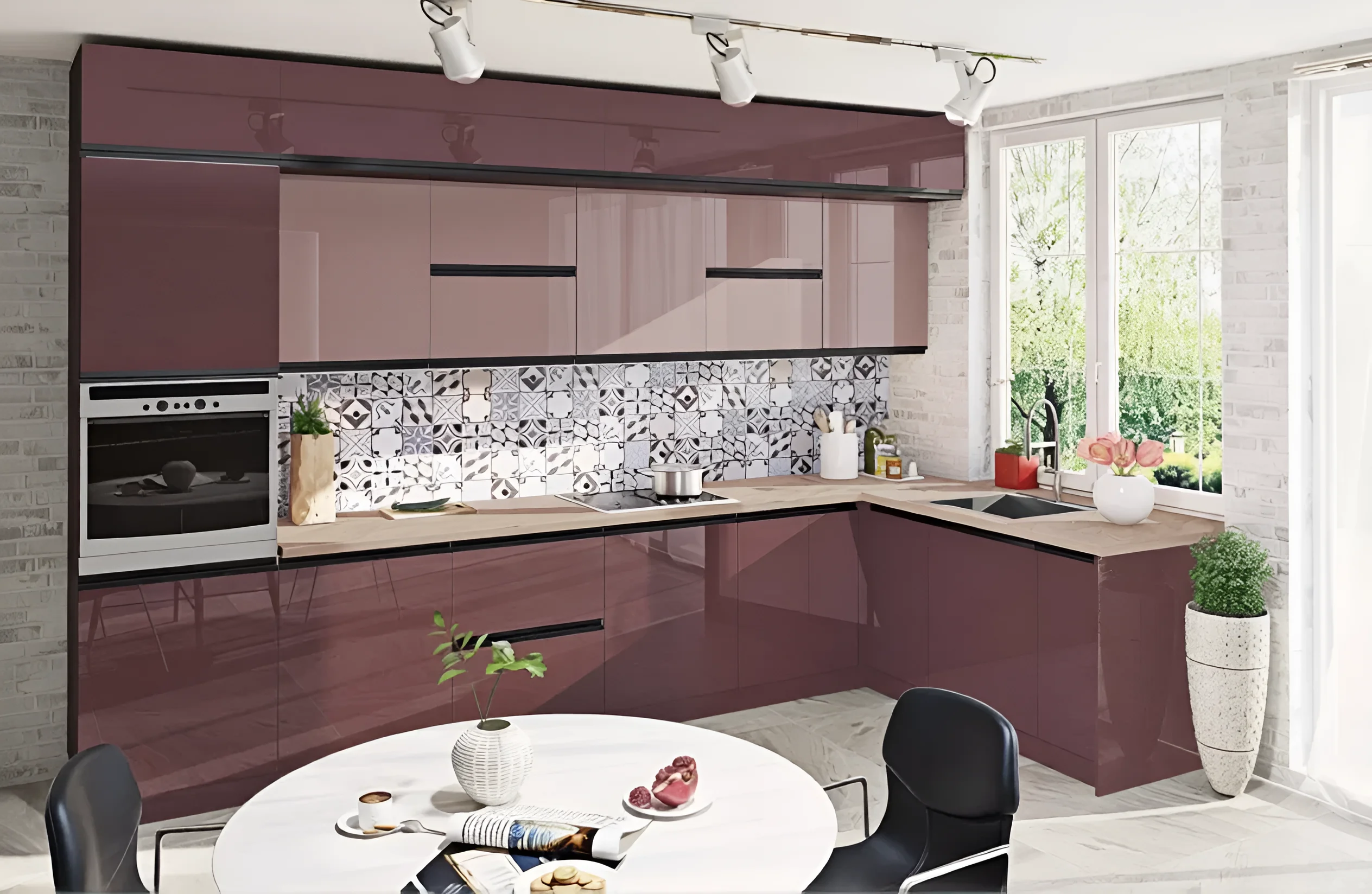 Угловая кухня с окном "Sigma ручка" 3.6х1.9м в цвете Капучино и Лате, современный дизайн, глянцевые фасады, стильный интерьер кухни.