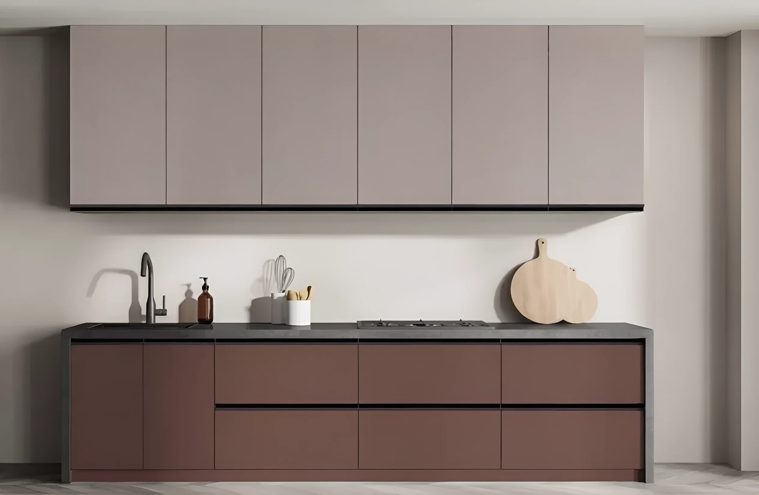 Угловая кухня с окном "Sigma ручка" 3.6х1.9м в цвете Капучино и Лате, современный дизайн, прямые линии, функциональность и стиль.