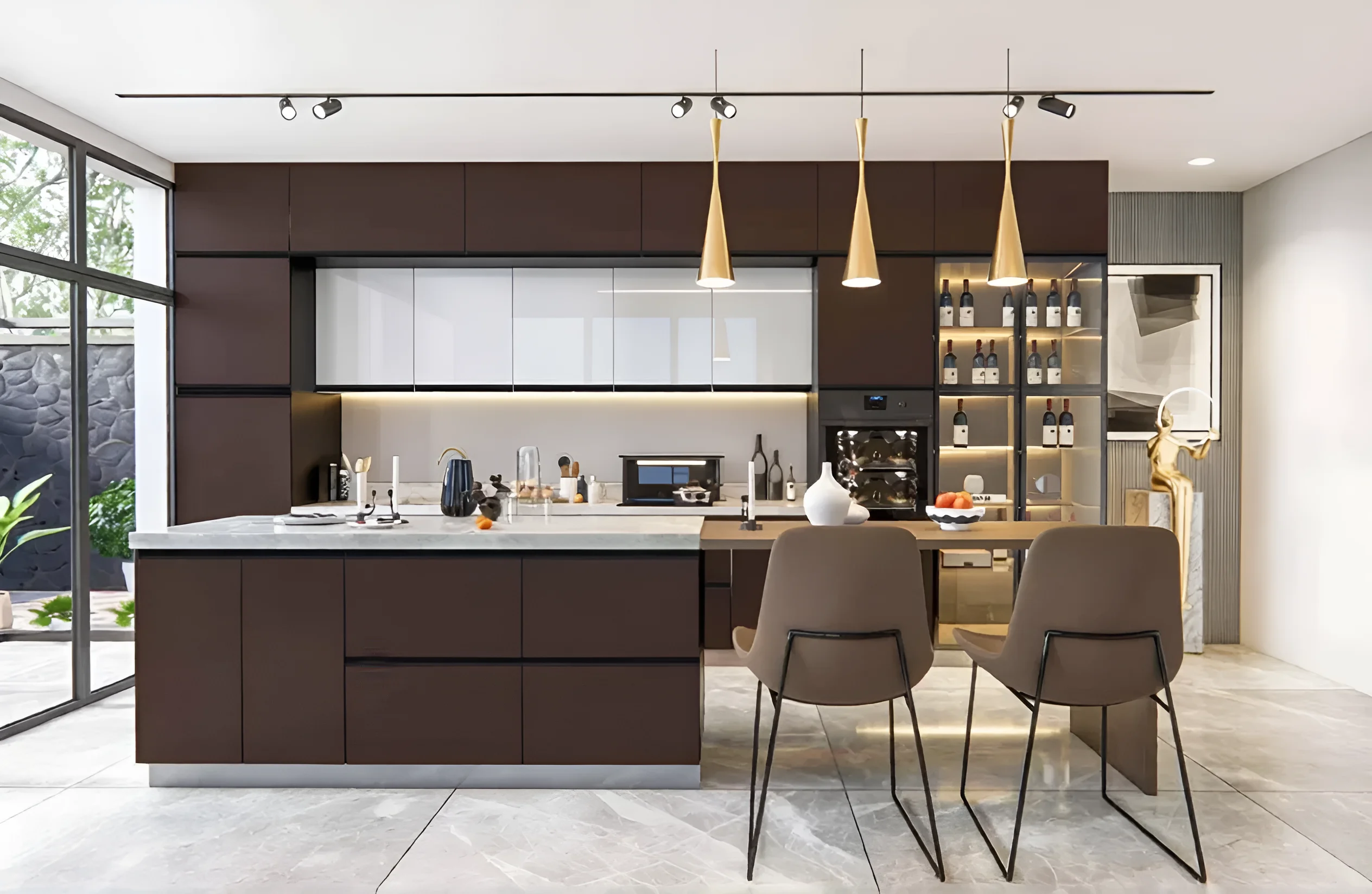 Угловая кухня с окном "Sigma ручка" 3.6х1.9м в цвете Капучино и Лате, современный дизайн, стильный интерьер кухни, MebelTops.