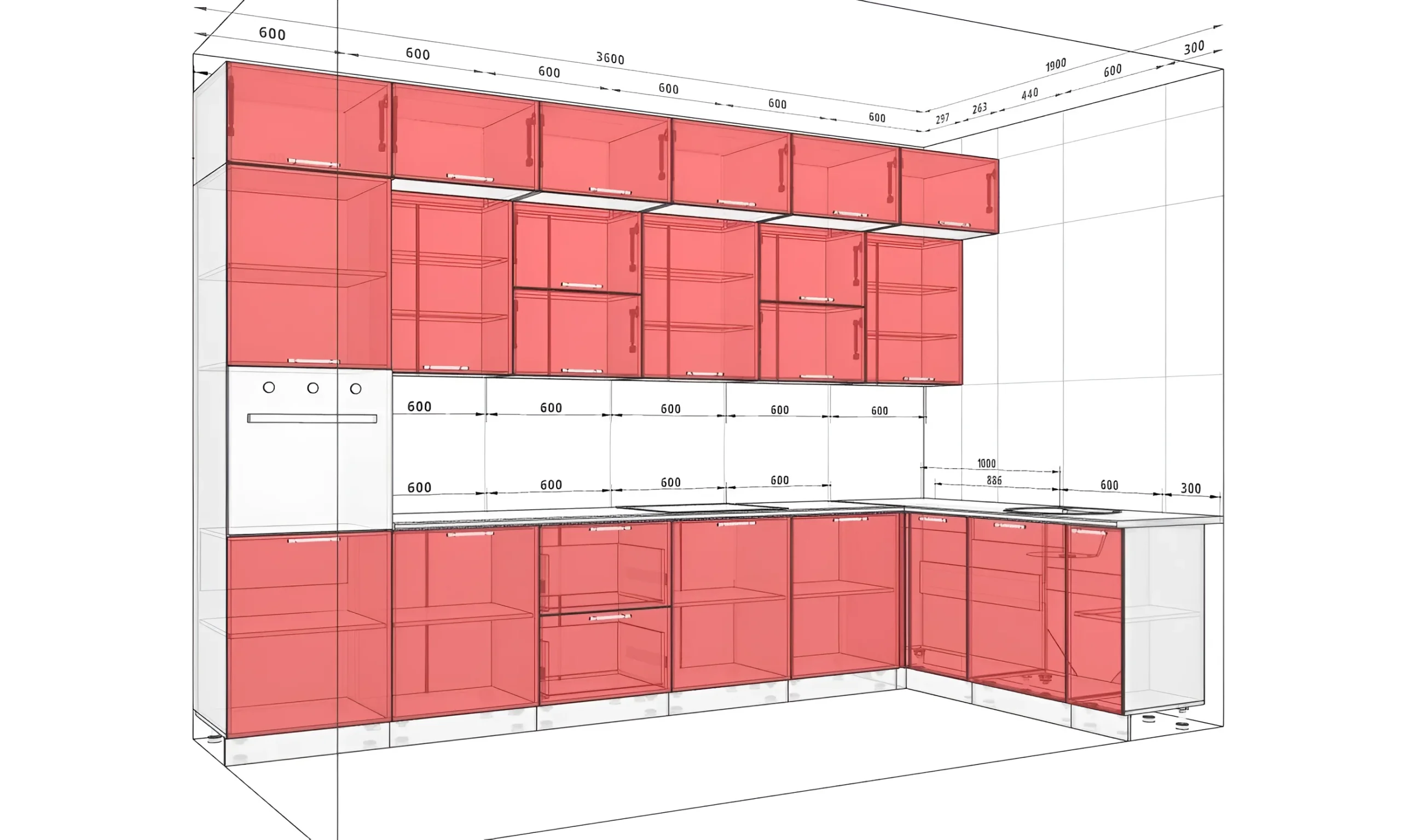 Угловая кухня с окном "Sigma ручка" 3.6х1.9м в цвете Капучино и Лате, современный дизайн, чертеж с размерами для планировки.