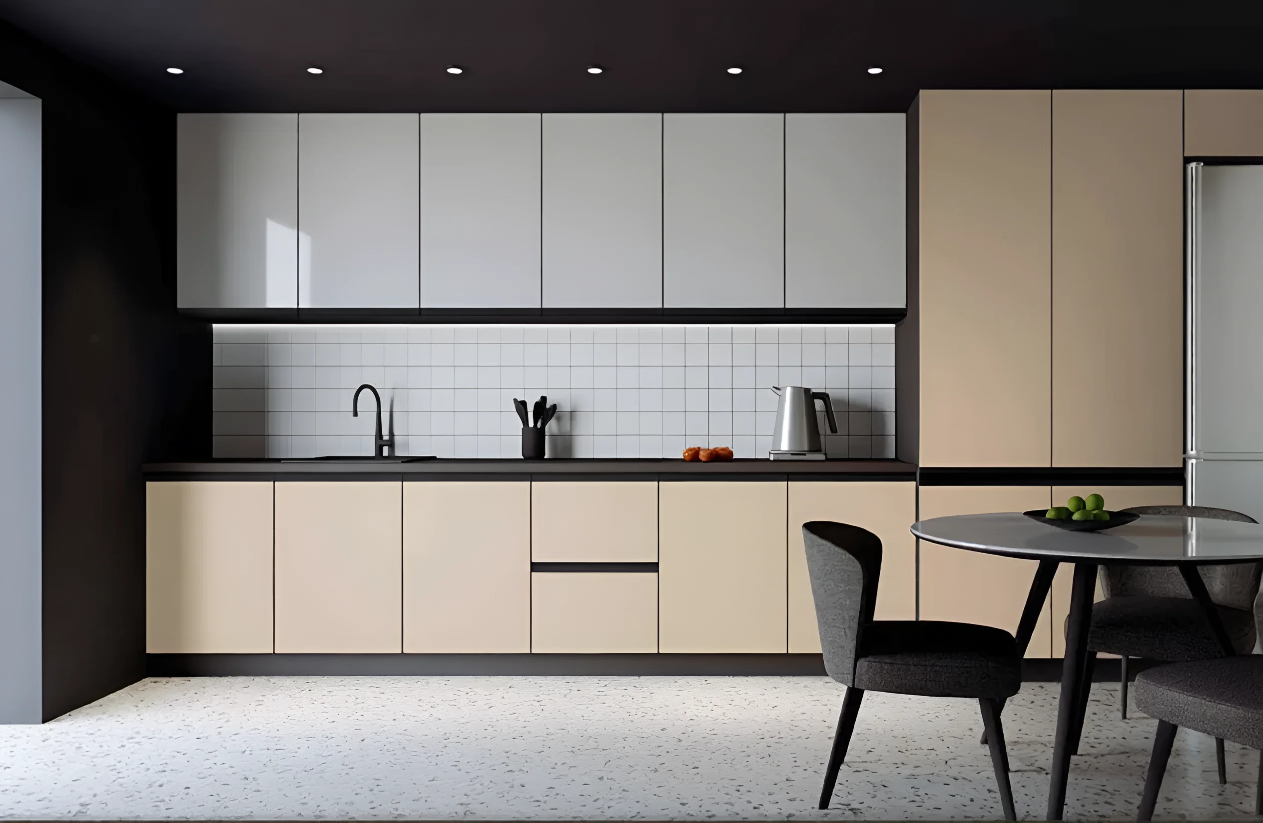 Угловая кухня Sigma с ручками, размеры 300х220 см, цвет белый и медовый, современный дизайн, фото интерьера кухни.