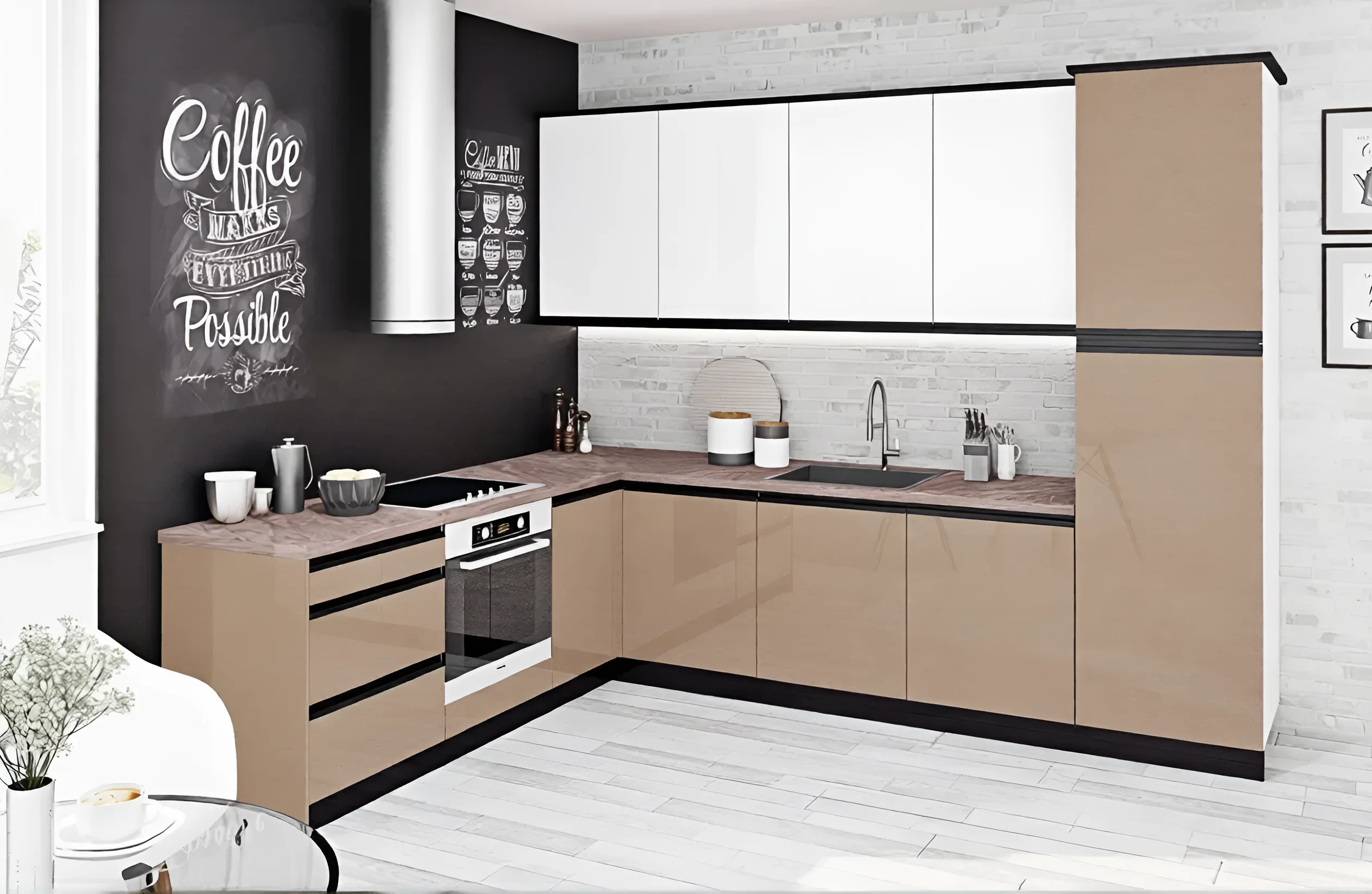 Угловая кухня Sigma с ручками, размеры 300х220 см, цвет белый и медовый, современный дизайн для интерьера кухни.