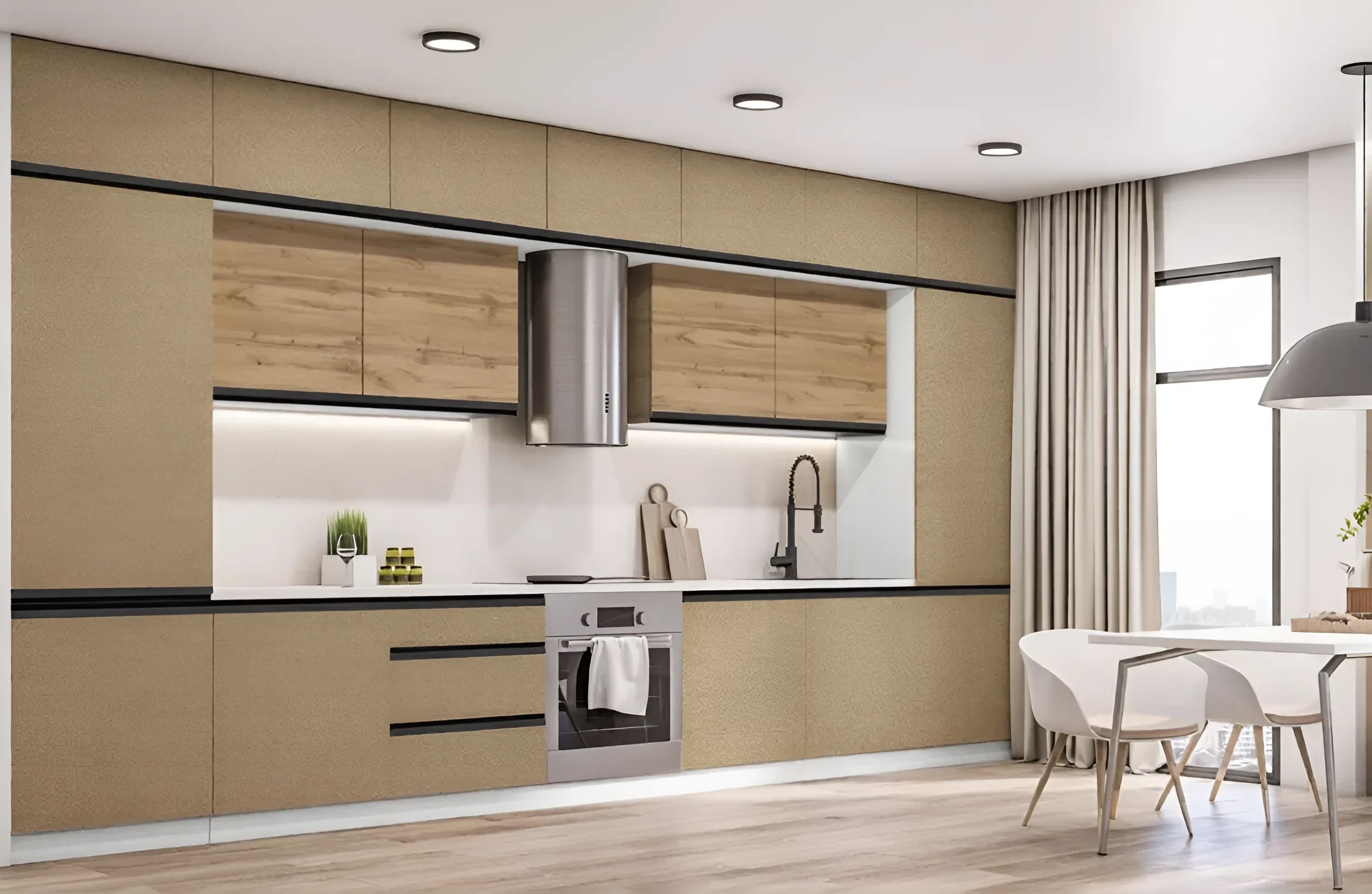 Угловая кухня Sigma с ручками, размеры 300х220 см, цвет белый и медовый, современный дизайн, фото интерьера кухни.