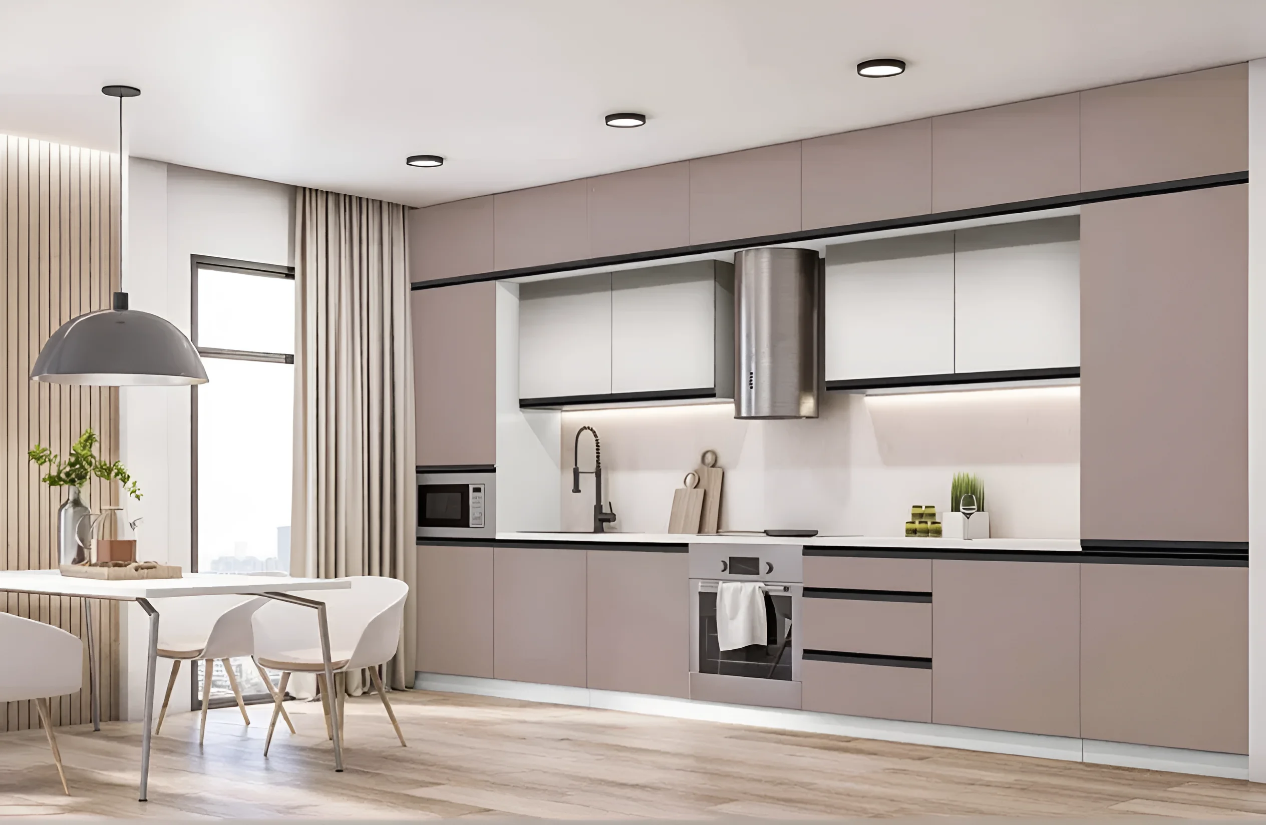 Угловая кухня Sigma с ручками, размеры 300х220 см, цвет белый и медовый, современный дизайн, фото интерьера кухни.