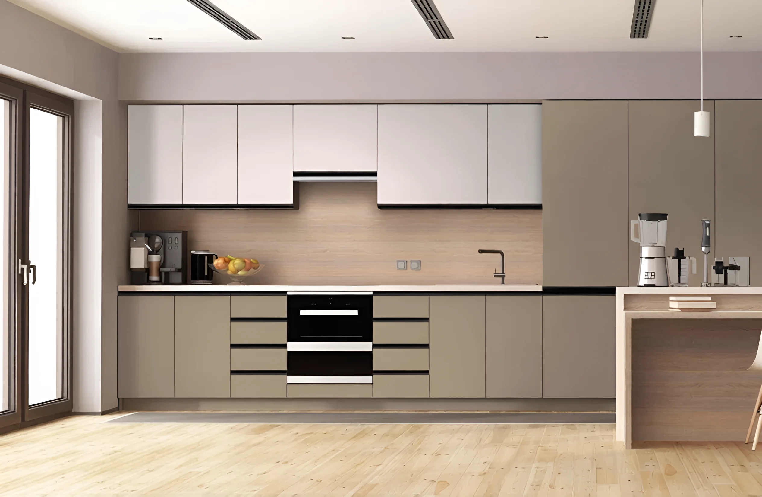 Угловая кухня Sigma с ручками, размеры 300х220 см, цвет белый и медовый, современный дизайн, фото интерьера кухни.