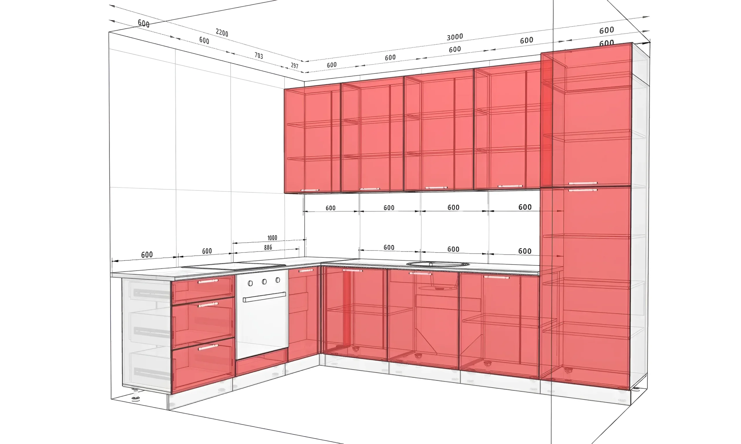 Угловая кухня Sigma с ручками, размеры 300х220 см, цвет белый и медовый, современный дизайн, схема расположения модулей.