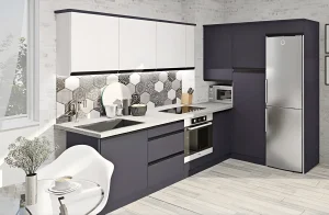 Современная угловая кухня Sigma с ручками, цвет Грифель, Дуб золотой, размеры 3х2.6м, фото интерьера кухни.