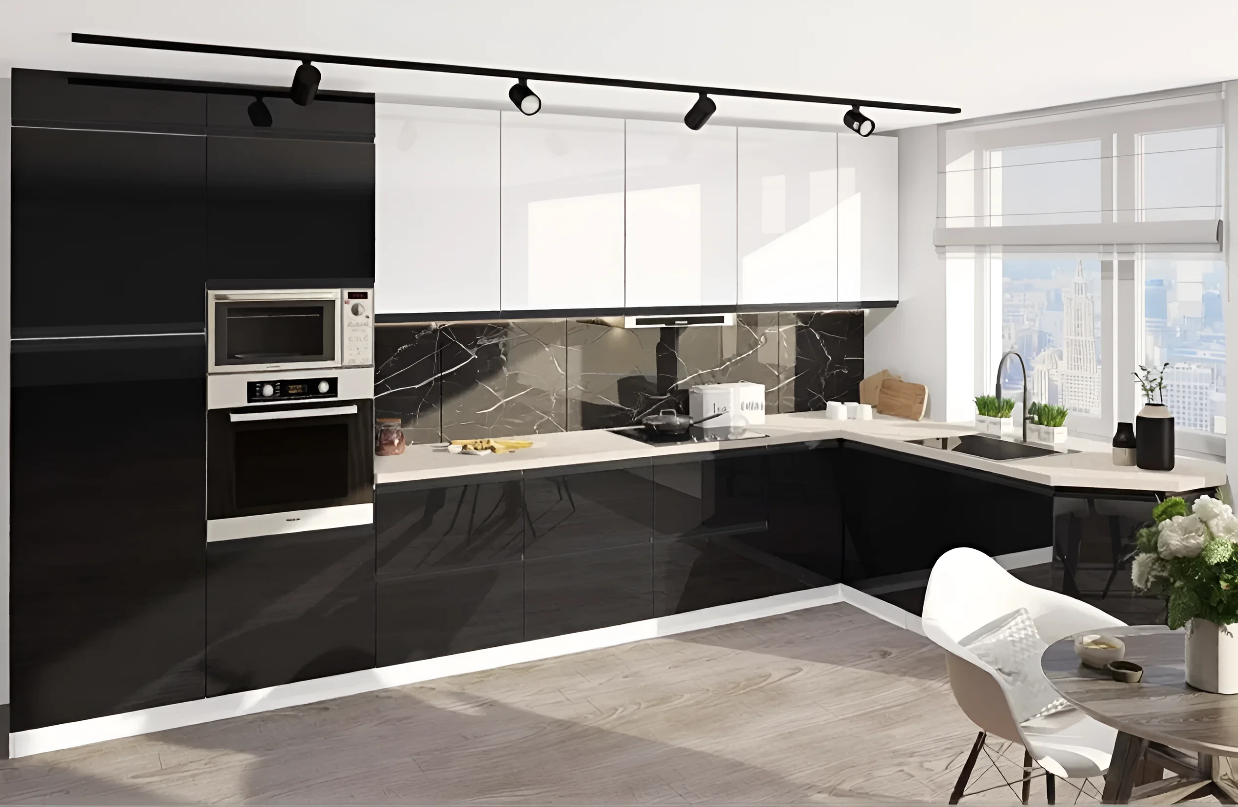 Современная угловая кухня Sigma с ручками, цвет Грифель, Дуб золотой, размеры 3х2.6м, стильный дизайн интерьера.