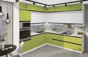 Угловая кухня "Sigma ручка" 2,8х2,4 метра в белом и лаймовом цвете, современный дизайн, фото интерьера кухни.