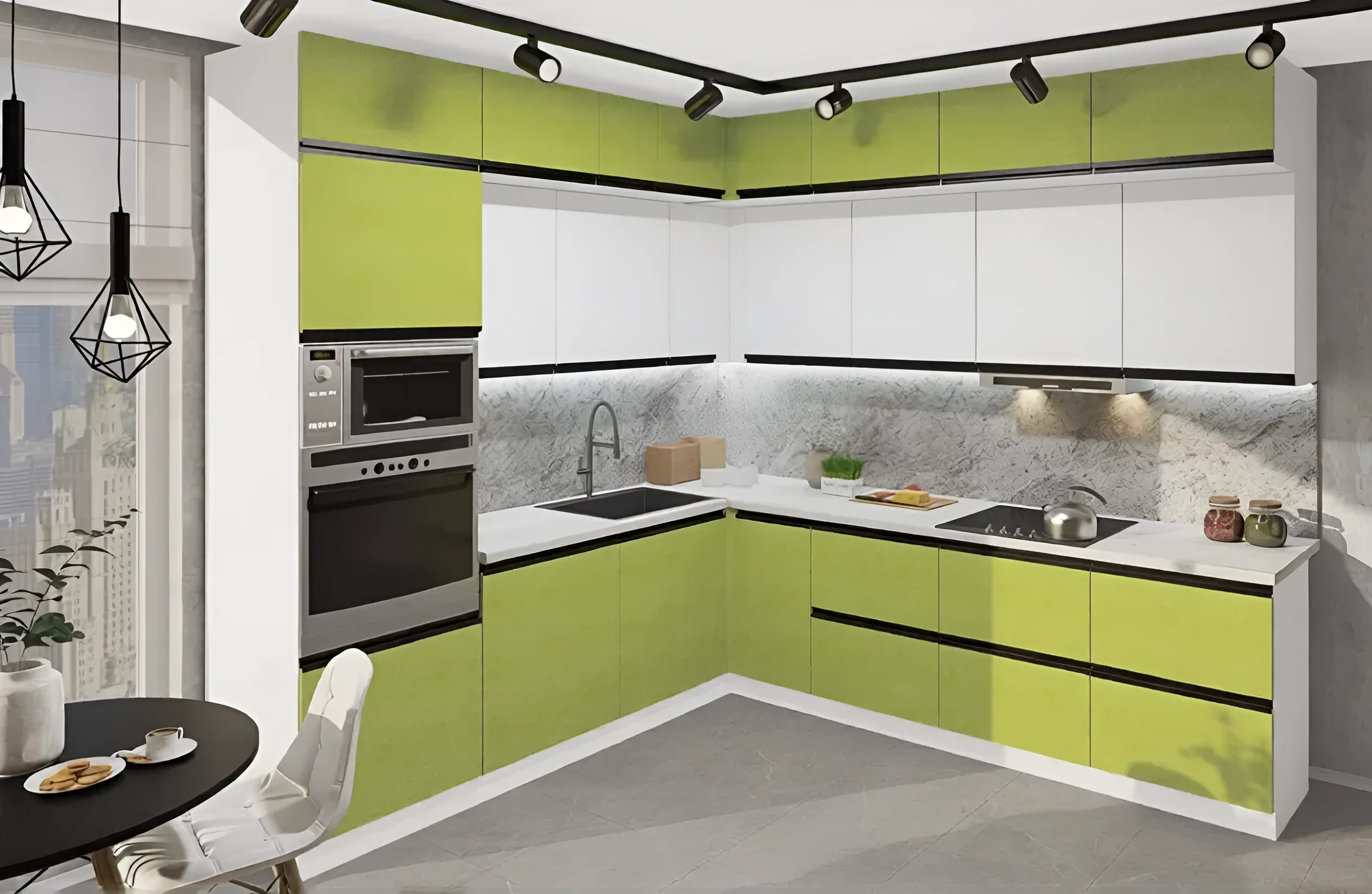 Угловая кухня "Sigma ручка" 2,8х2,4 метра в белом и лаймовом цвете, современный дизайн, фото интерьера кухни.