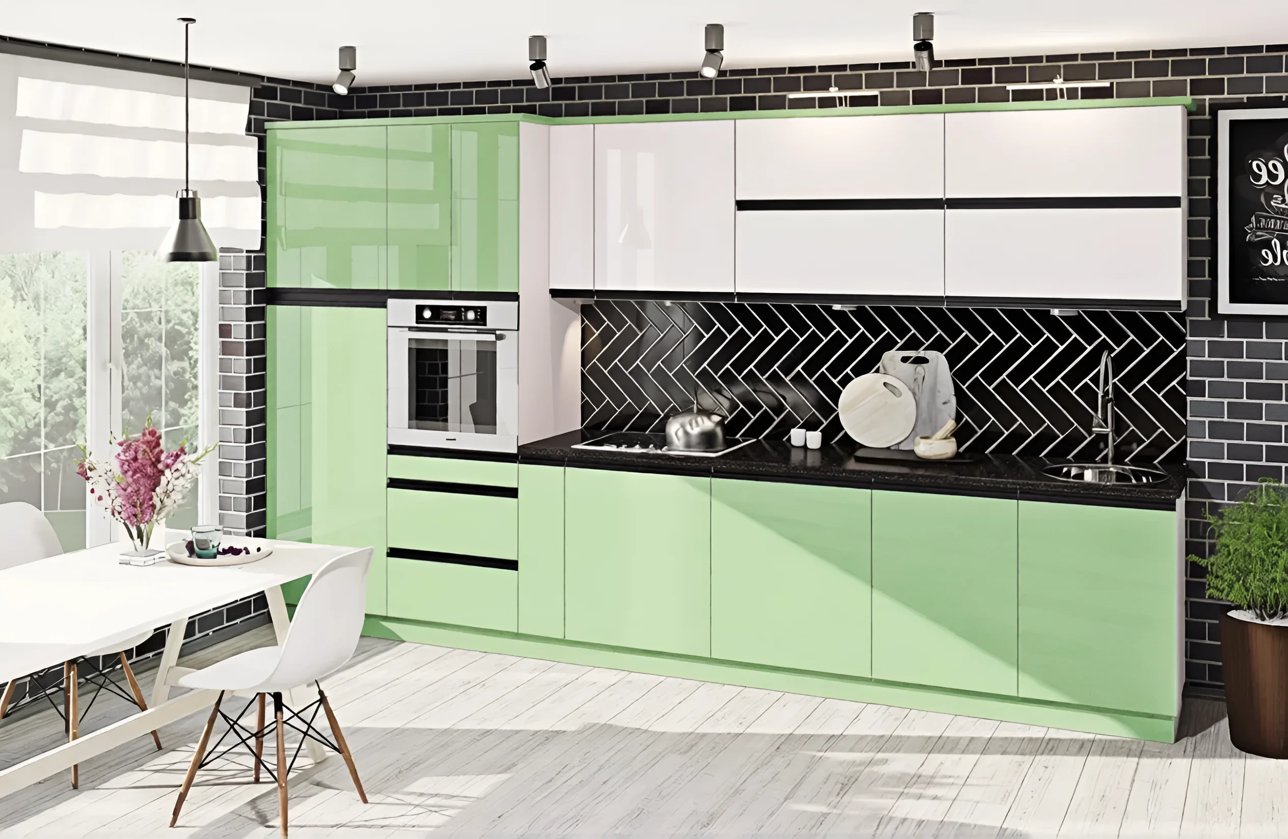 Угловая кухня "Sigma ручка" 2,8х2,4 метра в белом и лаймовом цвете с глянцевыми фасадами, современный дизайн интерьера кухни.