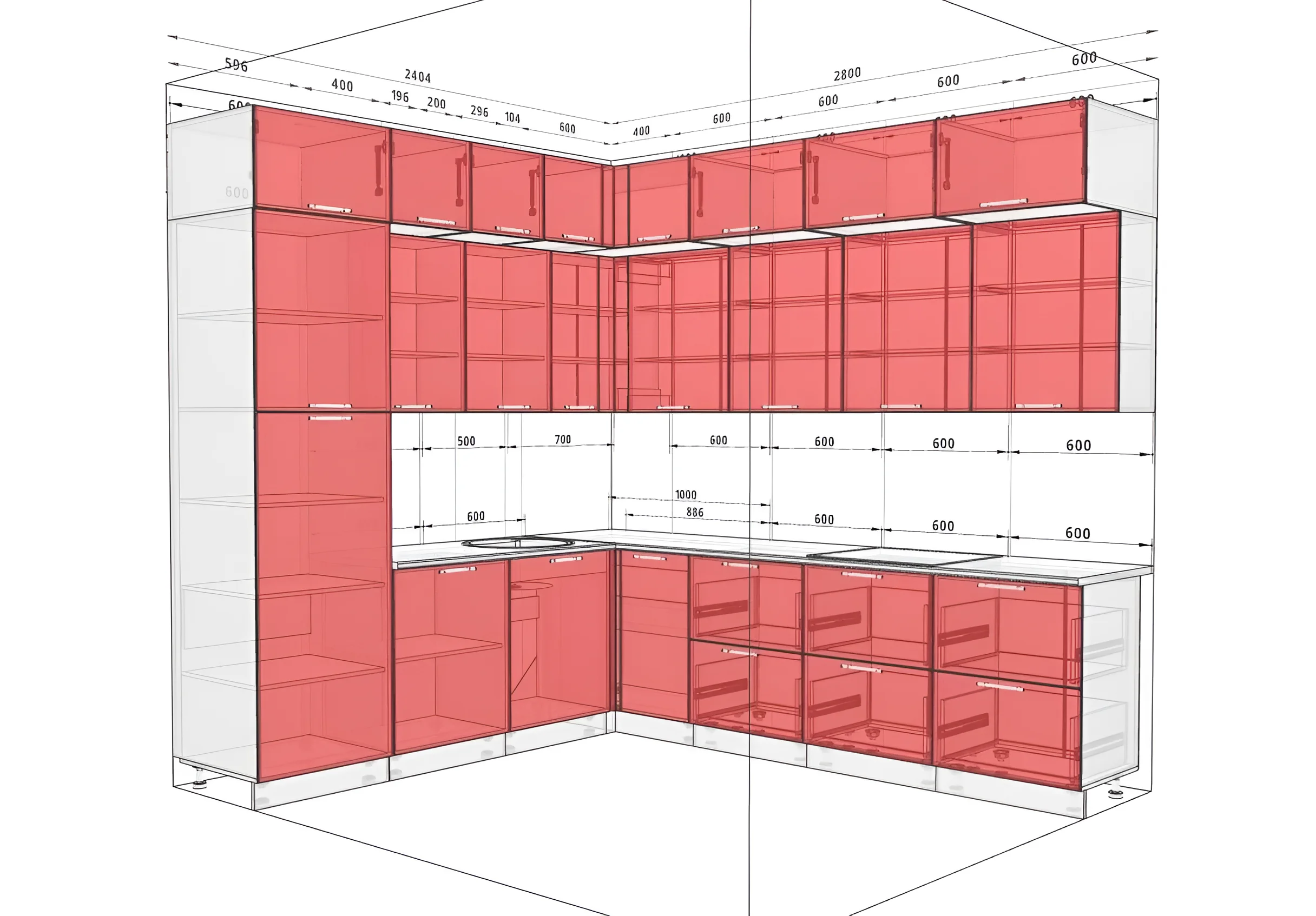 Угловая кухня "Sigma ручка" 2,8х2,4 метра в белом и лаймовом цвете, современный дизайн, схема расположения модулей.