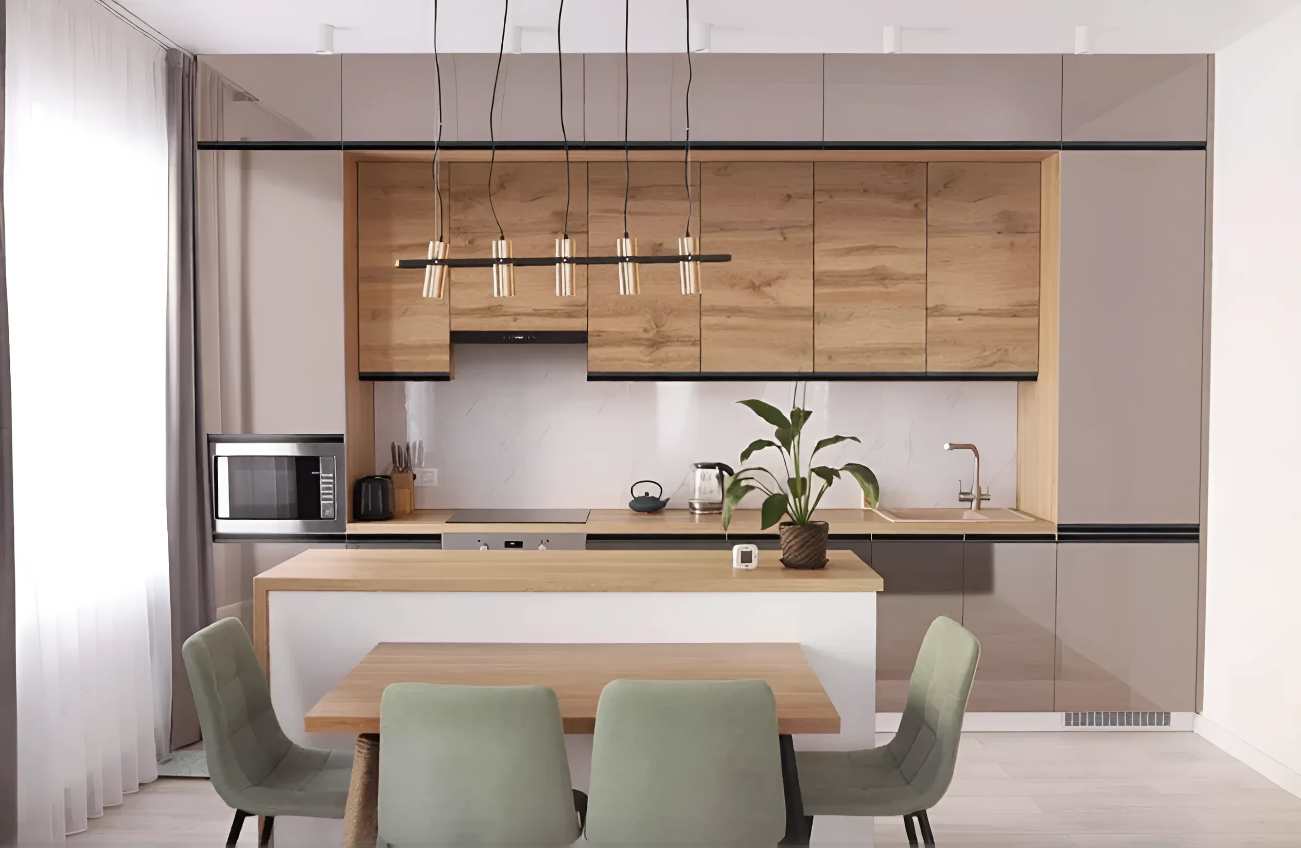 Современная кухня Sigma с ручками, 4.2 метра, в цвете дуб золотой и мрамор бетон бежевый, стильный дизайн интерьера.