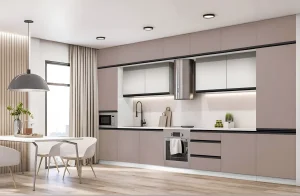 Современная кухня Sigma с ручками, 4.2 метра, цвет дуб золотой и мрамор бетон бежевый, стильный дизайн интерьера.