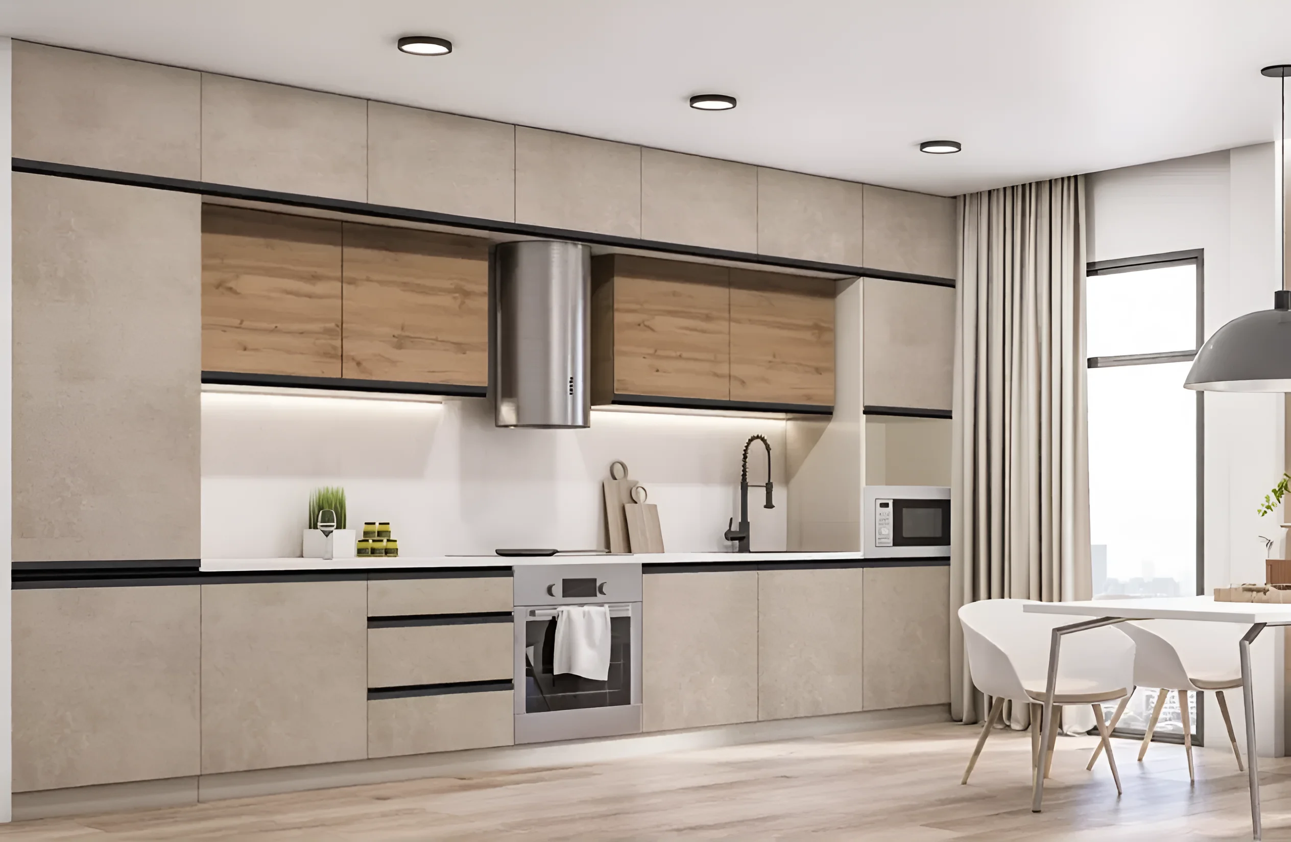 Современная угловая кухня Sigma с ручками, 4.2 метра, в цвете дуб золотой и мрамор бетон бежевый, стильный дизайн.