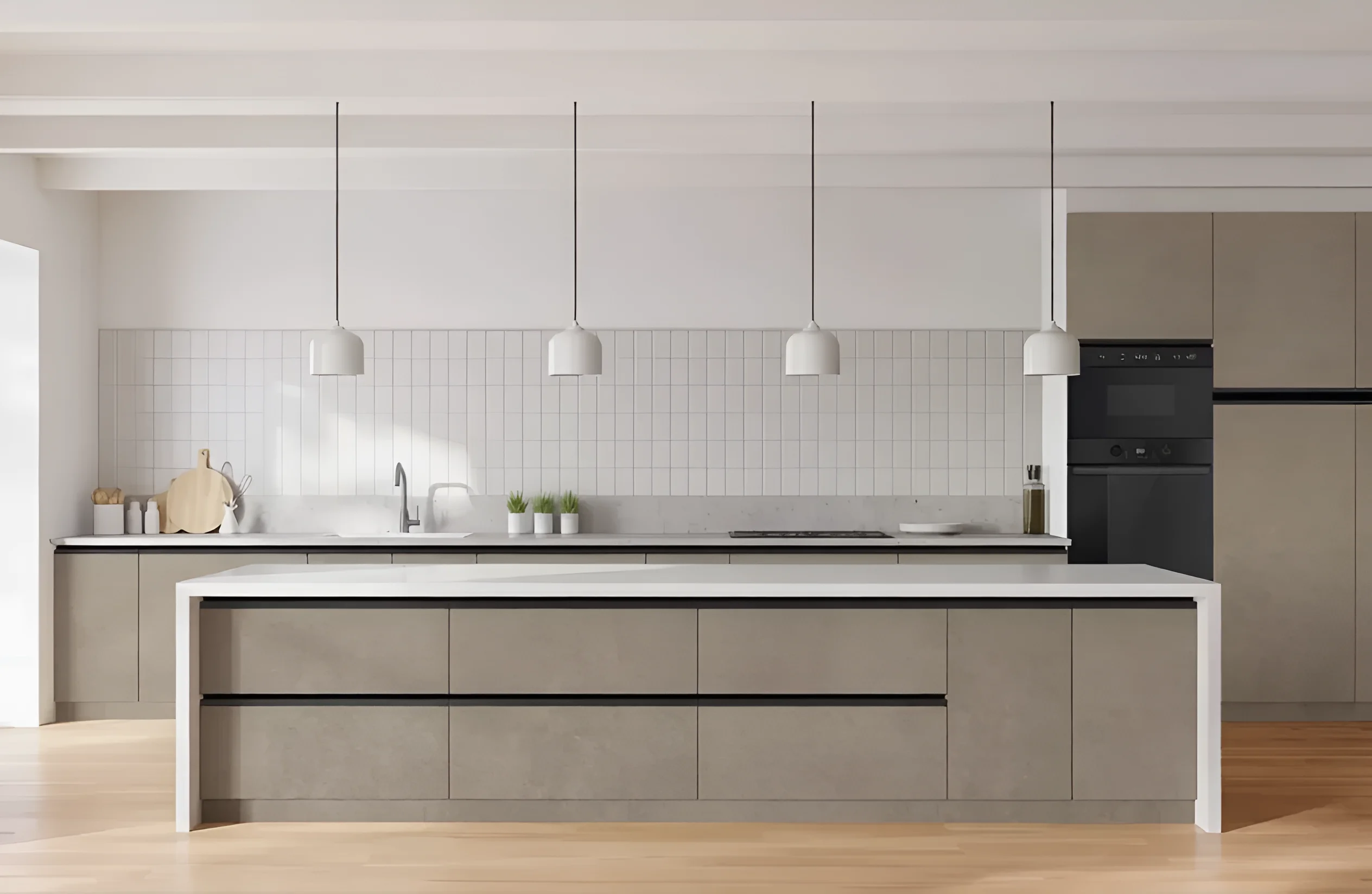 Современная кухня Sigma с ручками, 4.2 метра, цвет дуб золотой и мрамор бетон бежевый, стильный дизайн интерьера.