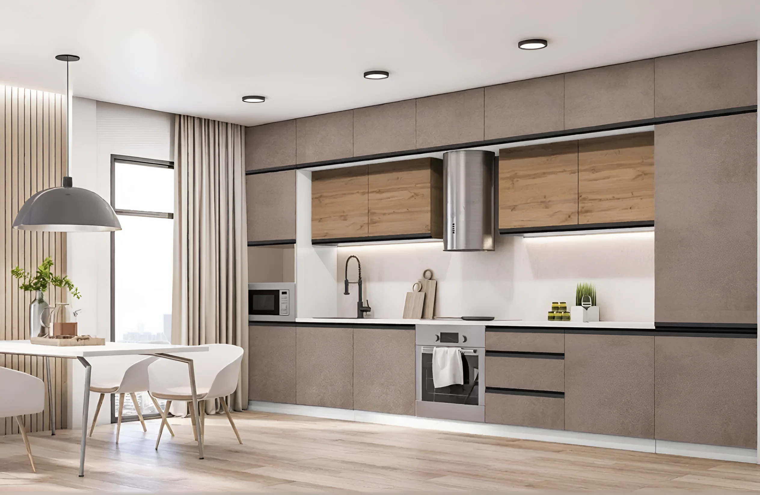 Современная кухня Sigma ручка 4,2м в цвете дуб золотой и мрамор бетон бежевый, стильный дизайн интерьера кухни.