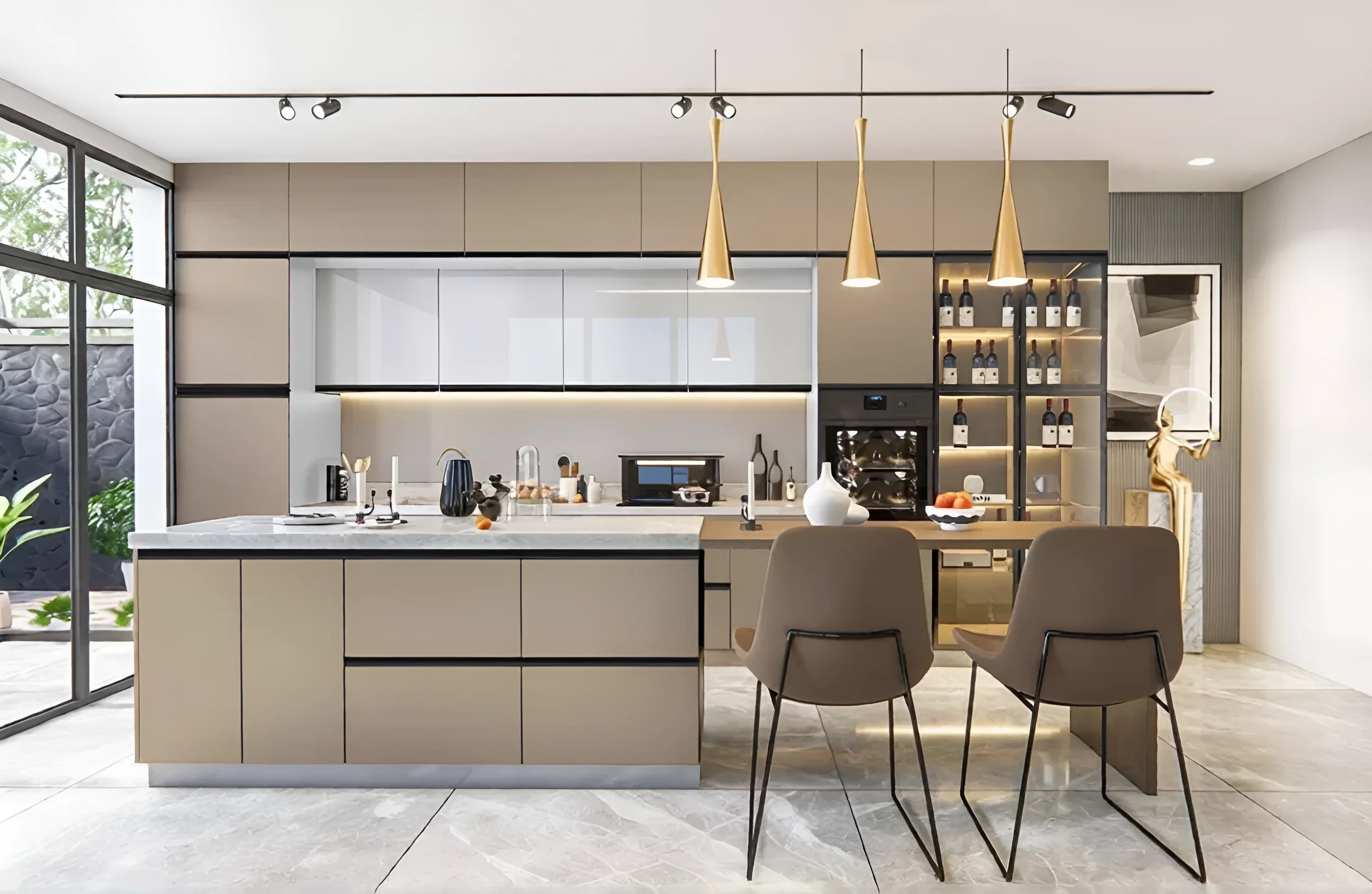 Современная угловая кухня Sigma с ручками, 4.2 метра, цвет дуб золотой и мрамор бетон бежевый, стильный дизайн интерьера.