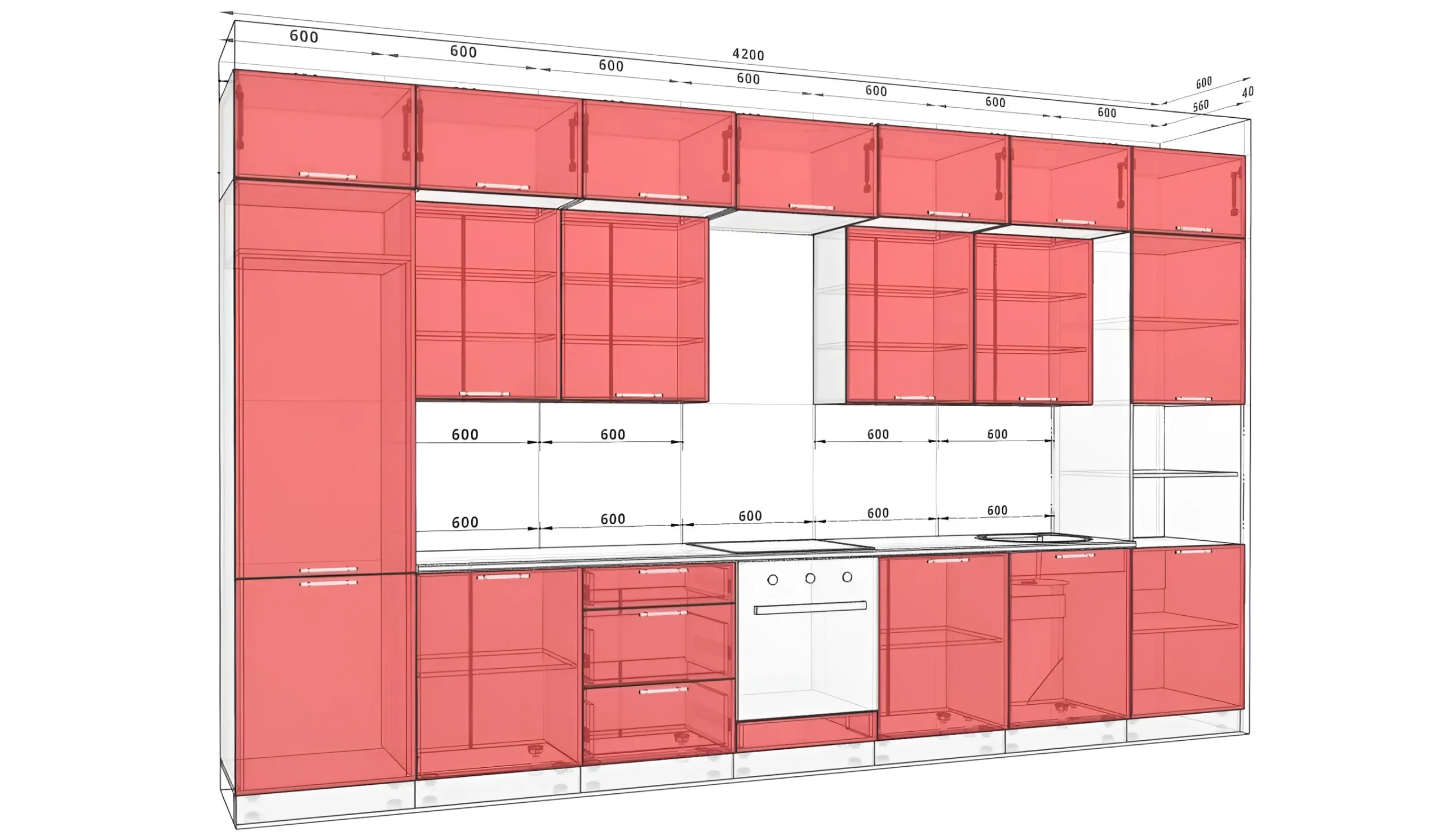 Кухня Sigma ручка 4,2 метра в цвете дуб золотой и мрамор бетон бежевый, современный дизайн, схема расположения модулей.