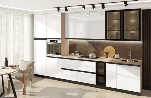 Белая кухонная мебель "Sigma ручка" 4 метра с островом: современный дизайн, глянцевые фасады, стильный интерьер кухни.