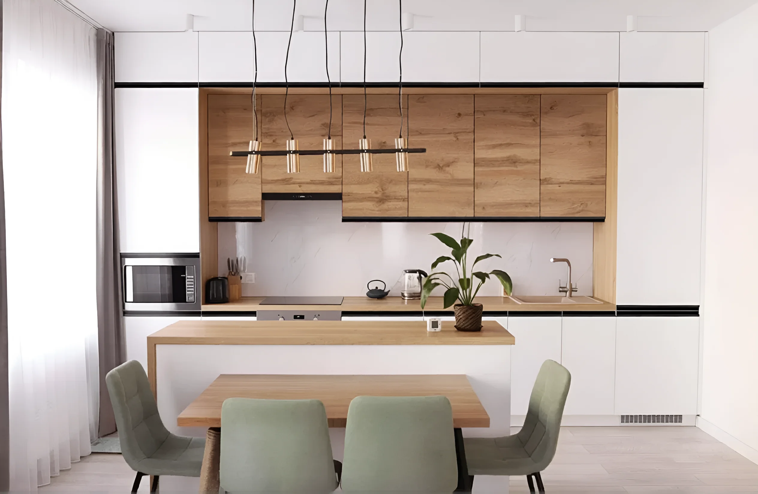 Современная белая кухня с островом и деревянными элементами "Sigma ручка" 3.6м, дизайн интерьера в стиле минимализм, фото MebelTops.