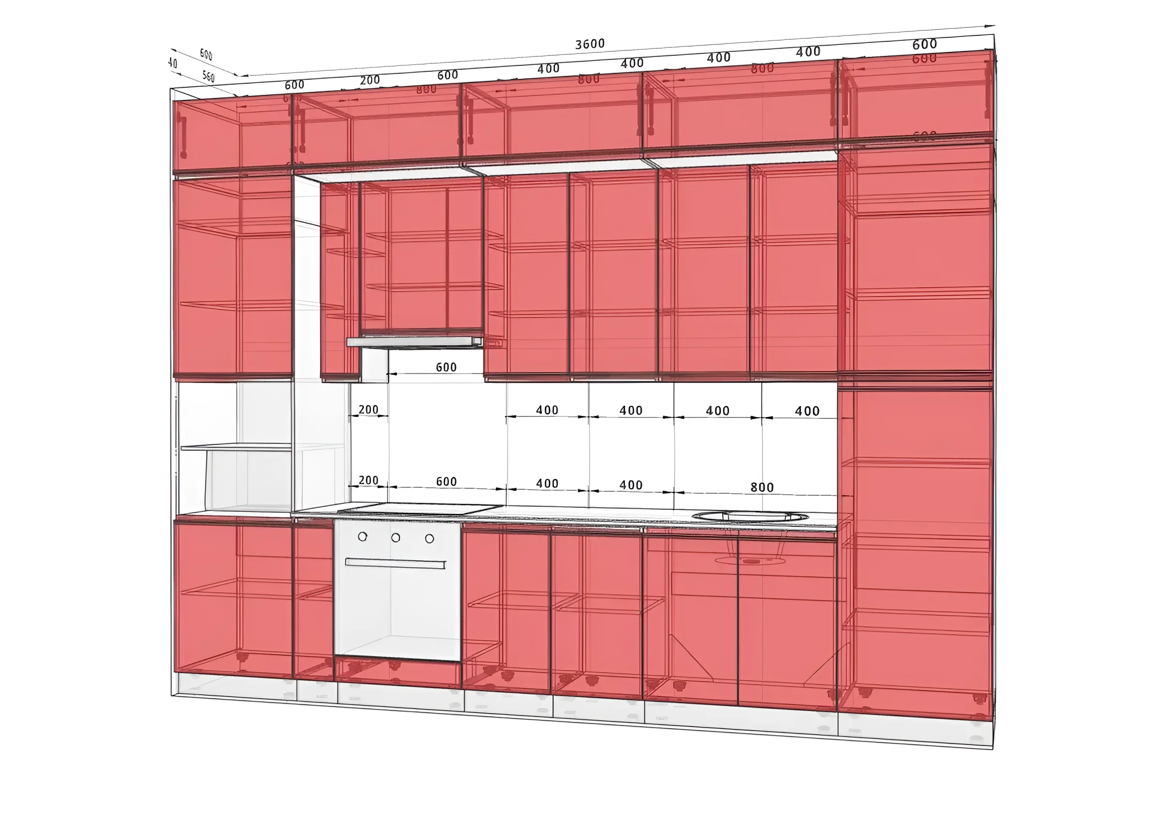 Кухня Sigma ручка 3.6м с островом в белом и дубе золотой: схема расположения модулей, размеры, современный дизайн.
