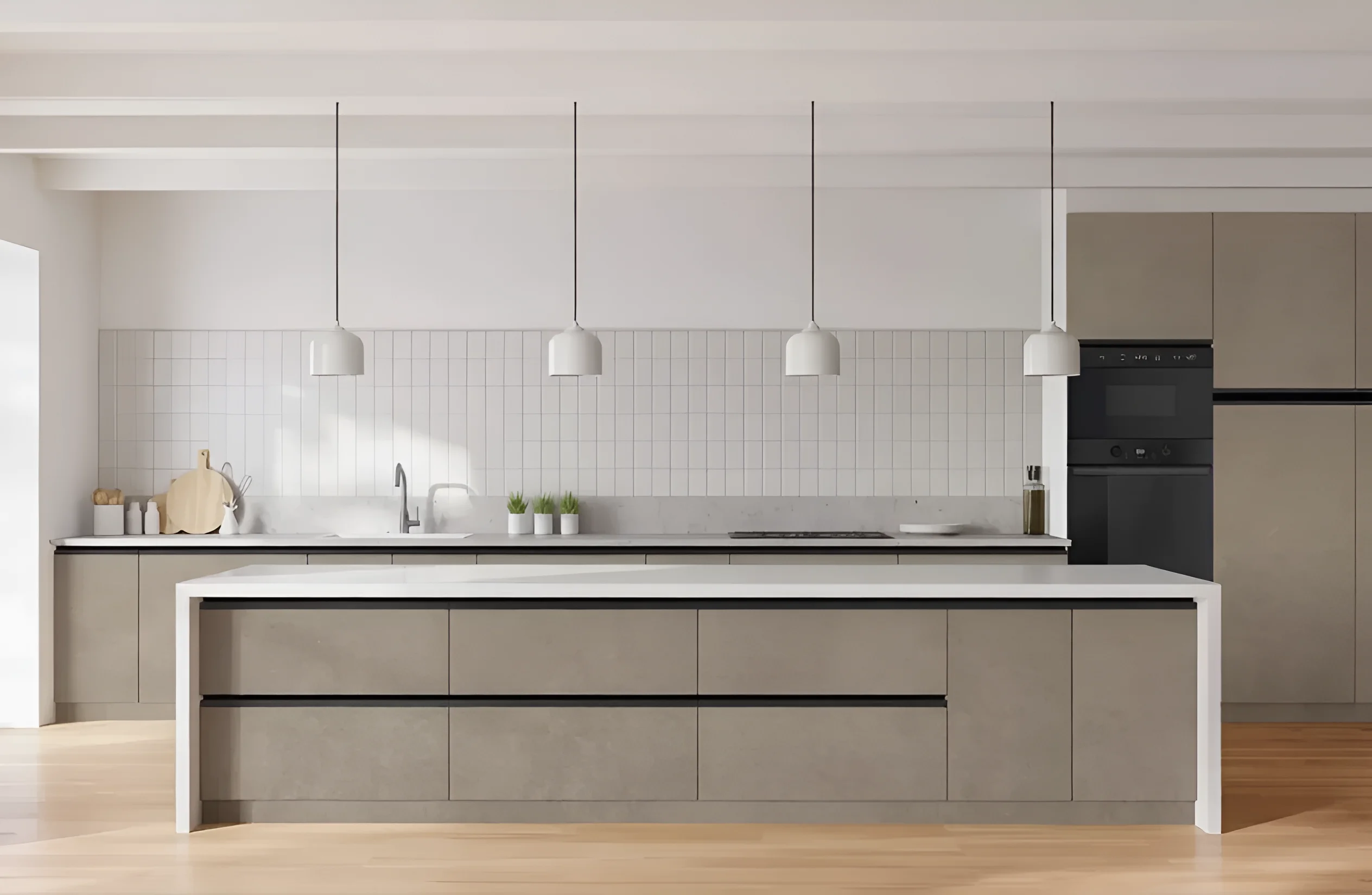 Современная кухня Sigma с островом в бежевом цвете "Мрамор бетон". Кухонный гарнитур 5.6м с ручками, стильный дизайн интерьера.