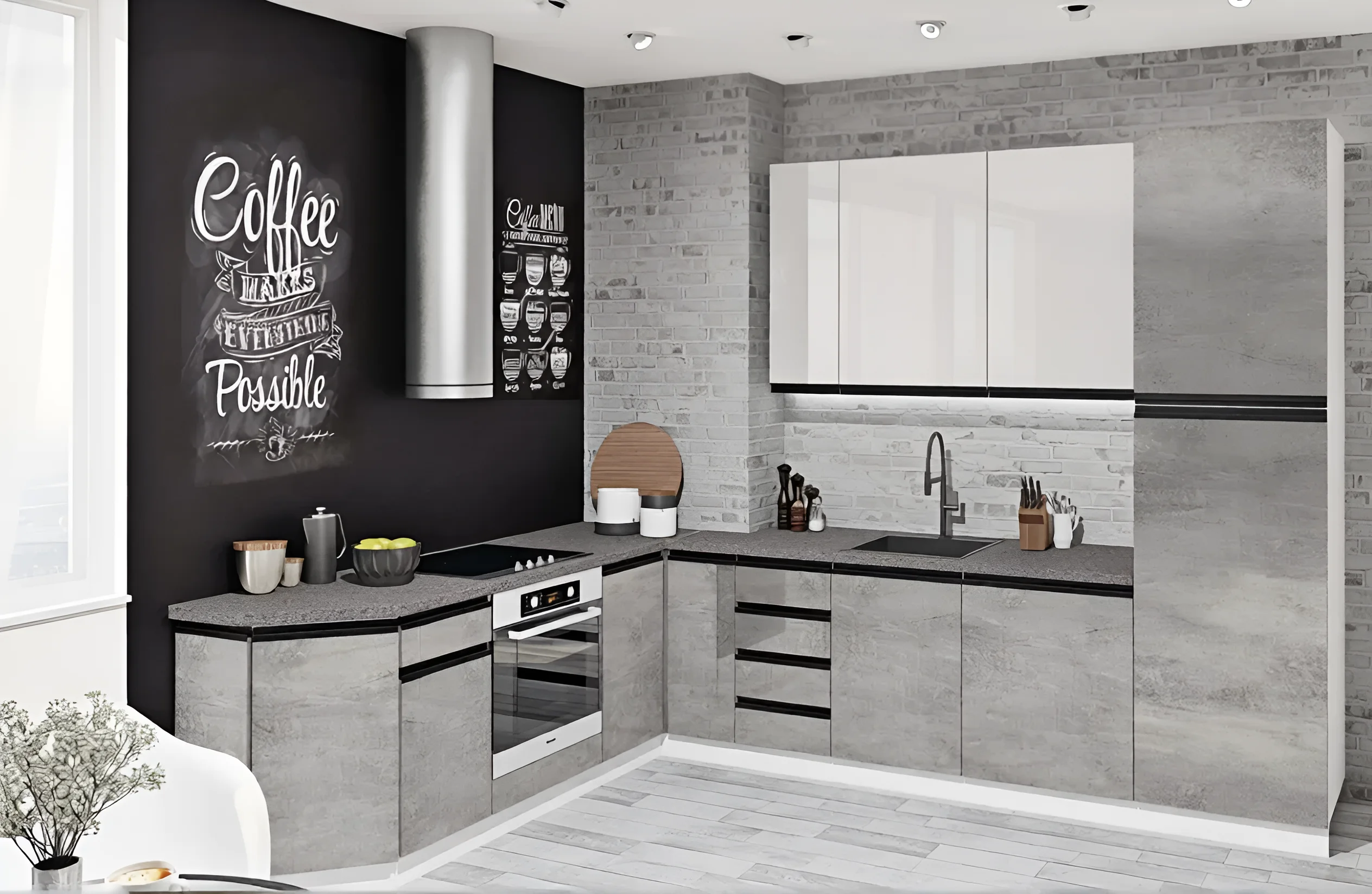 Угловая кухня "Тренд" 3х2.3м в светлом бетоне и белом цвете, современный дизайн, фото интерьера кухни, MebelTops.