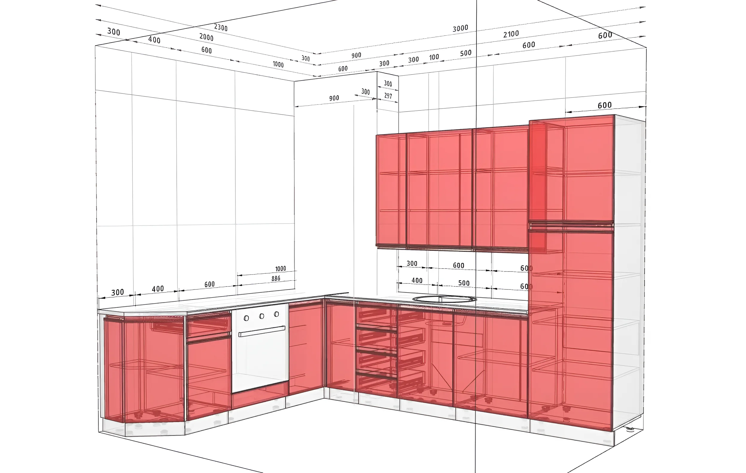 Угловая кухня "Тренд" 3х2.3м в цвете бетон светлый и белый, чертеж с размерами, современный дизайн, MebelTops.