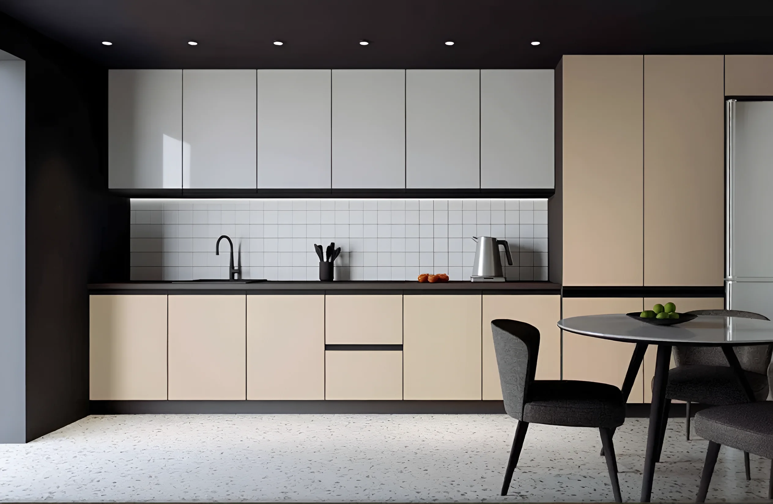 Современная белая кухня "Тренд" 5,4 метра с ванильными акцентами, стильный дизайн, функциональная планировка, фото интерьера.