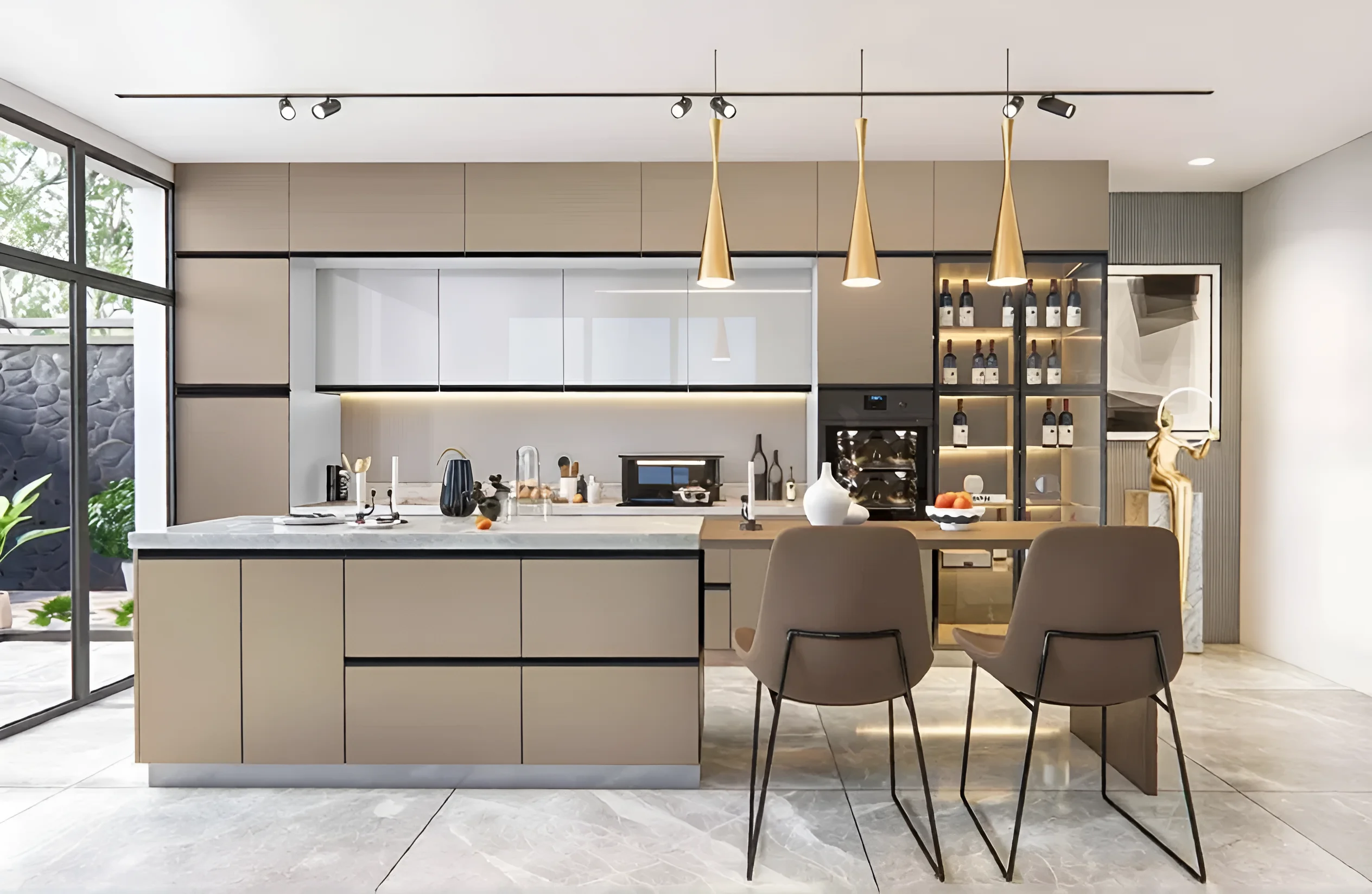 Современная угловая кухня "Тренд" 5,4 метра в белом и ванильном цвете с островом и барными стульями, стильный дизайн интерьера.