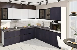 Современная угловая кухня "Тренд" 3,6м с островом в цвете бетон светлый и дуб золотой, стильный дизайн интерьера.