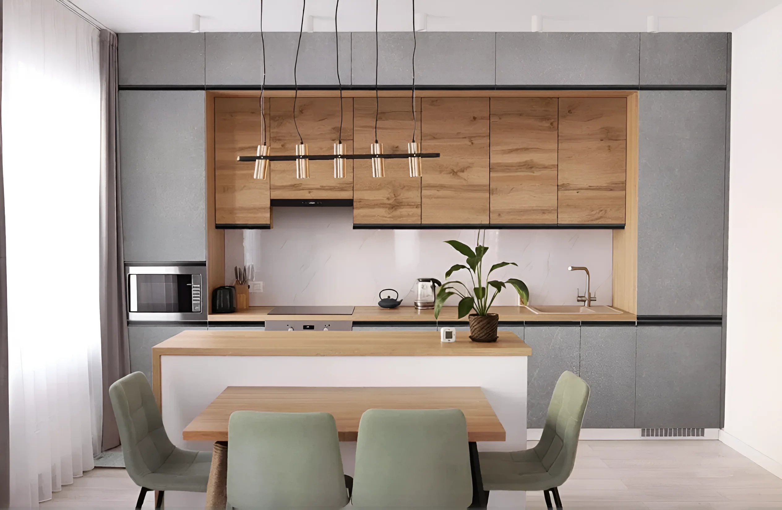 Современная угловая кухня "Тренд" 3,6м с островом в цвете бетон светлый и дуб золотой, стильный дизайн интерьера.