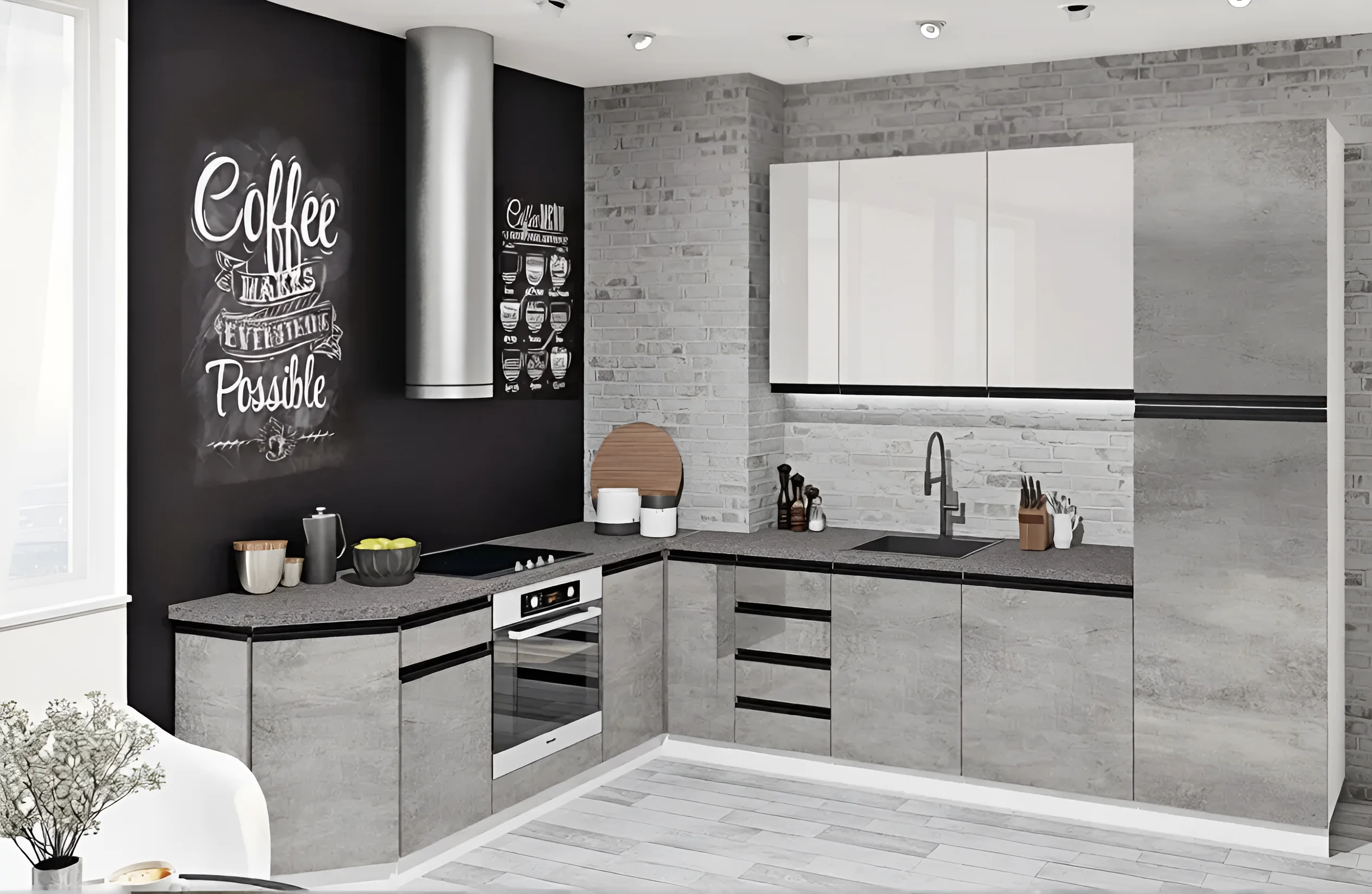 Современная угловая кухня "Тренд" 3,6м с островом в цвете бетон светлый и дуб золотой, стильный дизайн интерьера кухни.