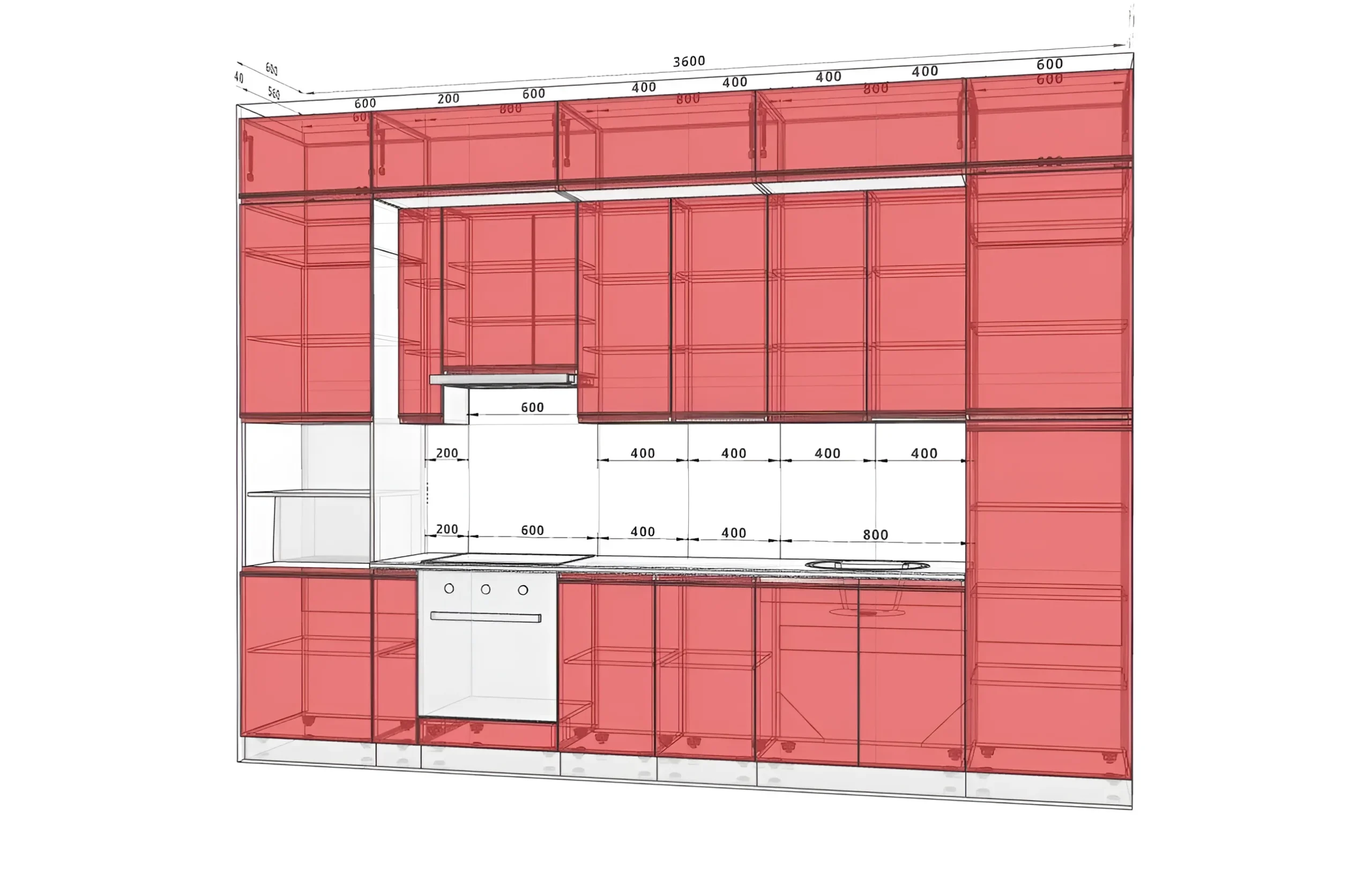 Кухня Тренд 3,6м с островом в цвете бетон светлый и дуб золотой, схема расположения модулей, современный дизайн.