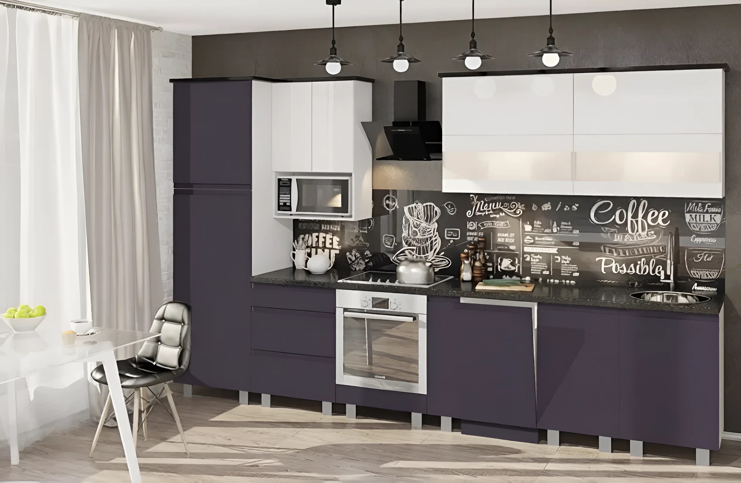 Кухонный гарнитур "Альфа ручка" 4.2м, крашеный МДФ, цвет графит, современный дизайн, угловая кухня, фото интерьера кухни.