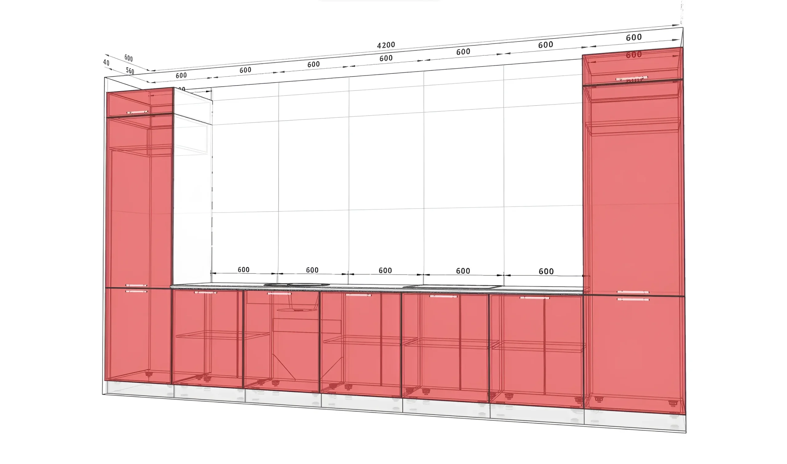 Кухонный гарнитур "Альфа ручка" 4.2 метра, крашеный МДФ, цвет графит, современный дизайн, схема расположения модулей кухни.