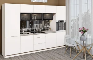 Белый прямой кухонный гарнитур "Эко" 4,8 метра с фотопечатью городского пейзажа, современный дизайн, купить в MebelTops.