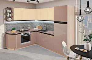 Угловой кухонный гарнитур "Тренд" 3х2,2м в цвете Кашемир с подсветкой, современный дизайн, фото интерьера кухни.