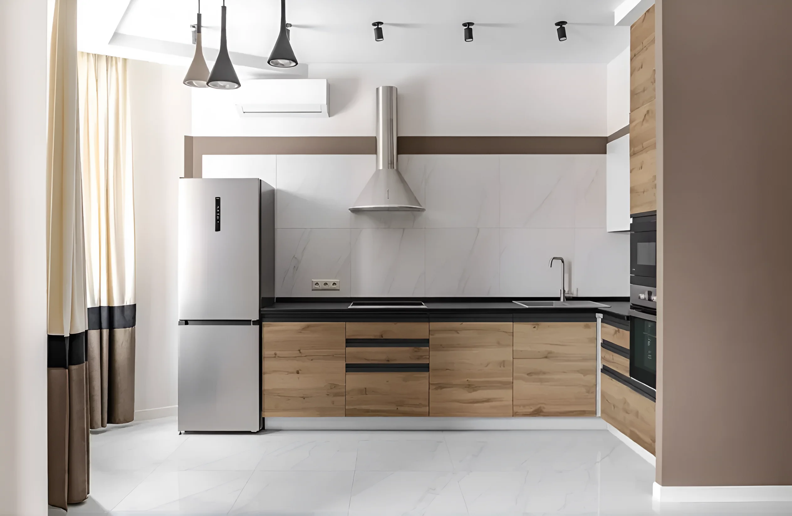 Современный кухонный гарнитур "Тренд" 3,6м с островом в белом и дубе золотой, стильный дизайн для современной кухни.