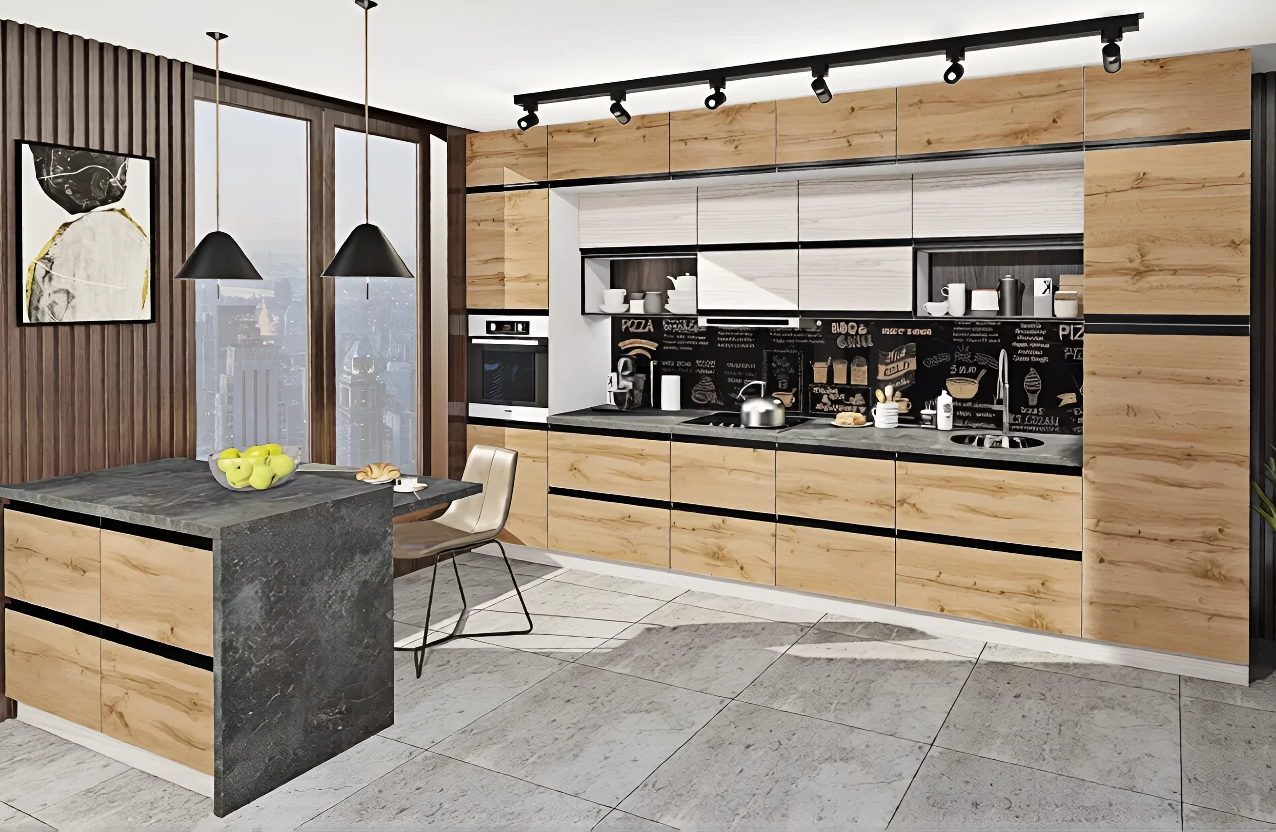 Современный кухонный гарнитур "Тренд" 3,6м с островом в белом и дубе золотой, стильный дизайн, функциональная кухня с островом.