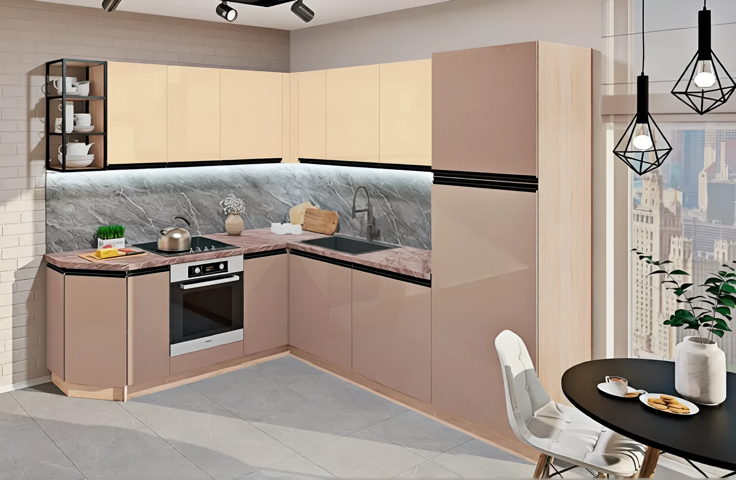 Кухонный гарнитур "Тренд" 4,4м с островом в цвете Белый Капучино, современный дизайн, угловая кухня с подсветкой и бытовой техникой.