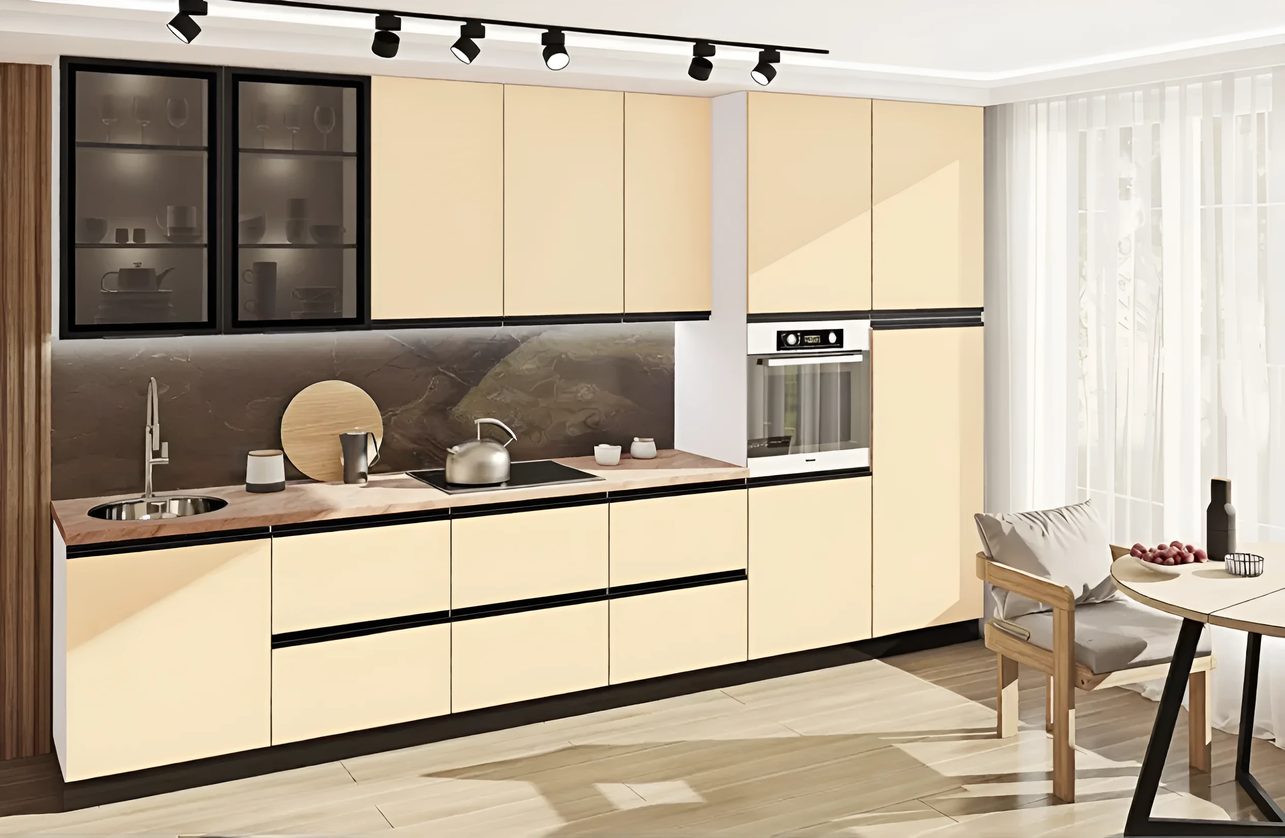 Кухонный гарнитур "Тренд" 4,4м с островом в цвете Белый Капучино, современный дизайн, угловая кухня с островом, фото интерьера кухни.