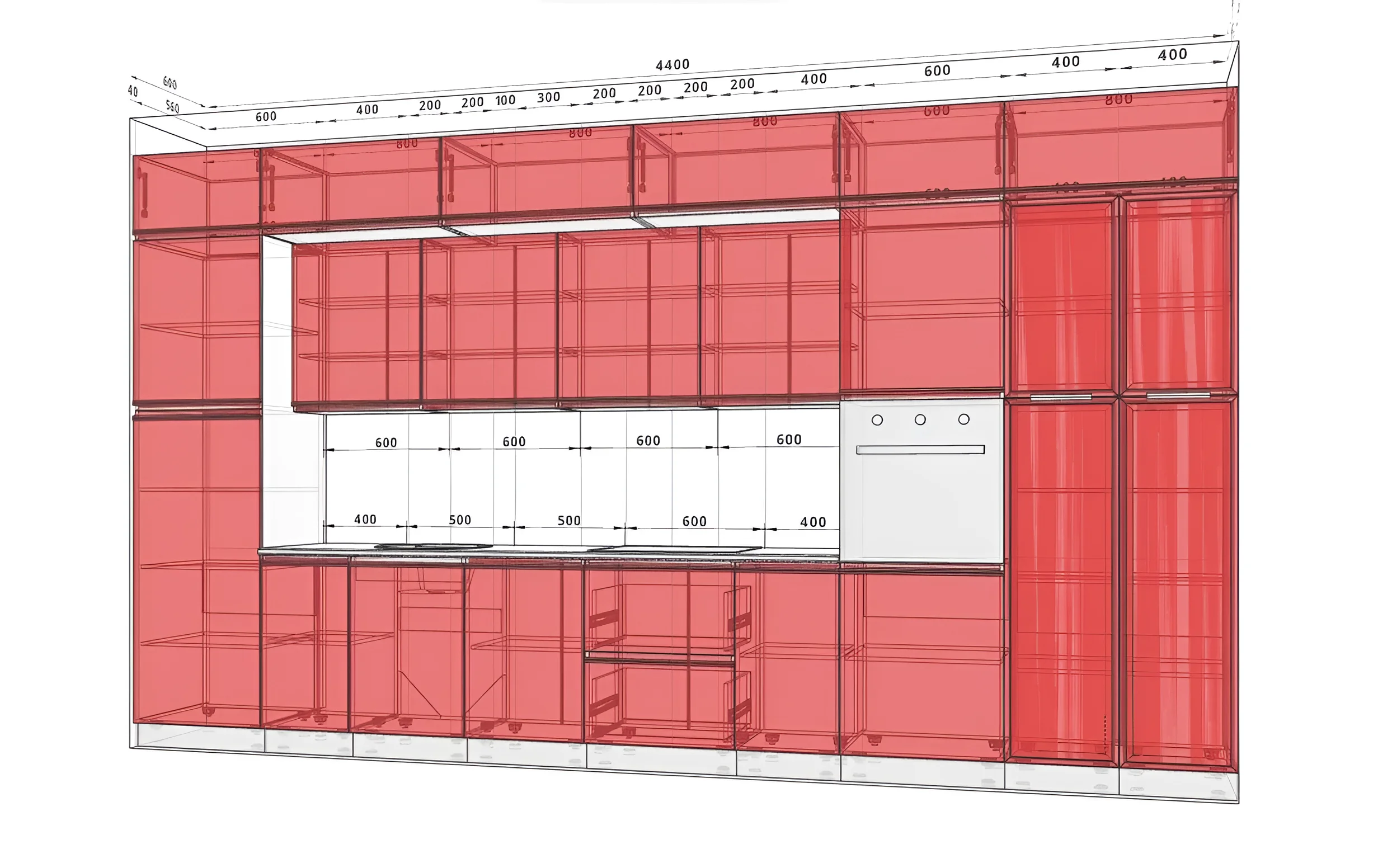 Кухонный гарнитур "Тренд" 4,4м с островом в белом и капучино цвете, современный дизайн, схема расположения модулей, MebelTops.