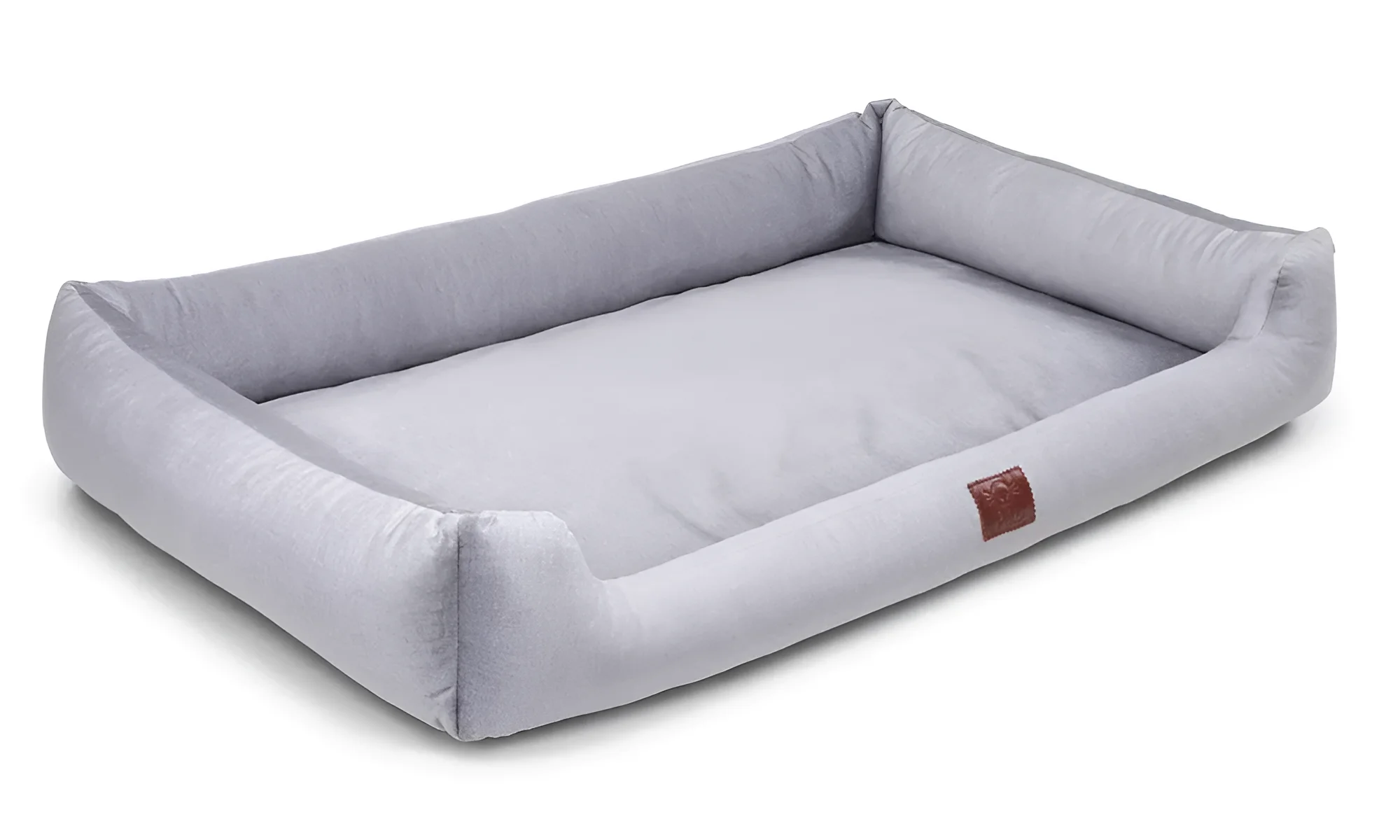 Серый прямоугольный лежак для собаки или кошки Happiness - Silver, мягкий и удобный, с высокими бортиками, для комфортного отдыха питомца.